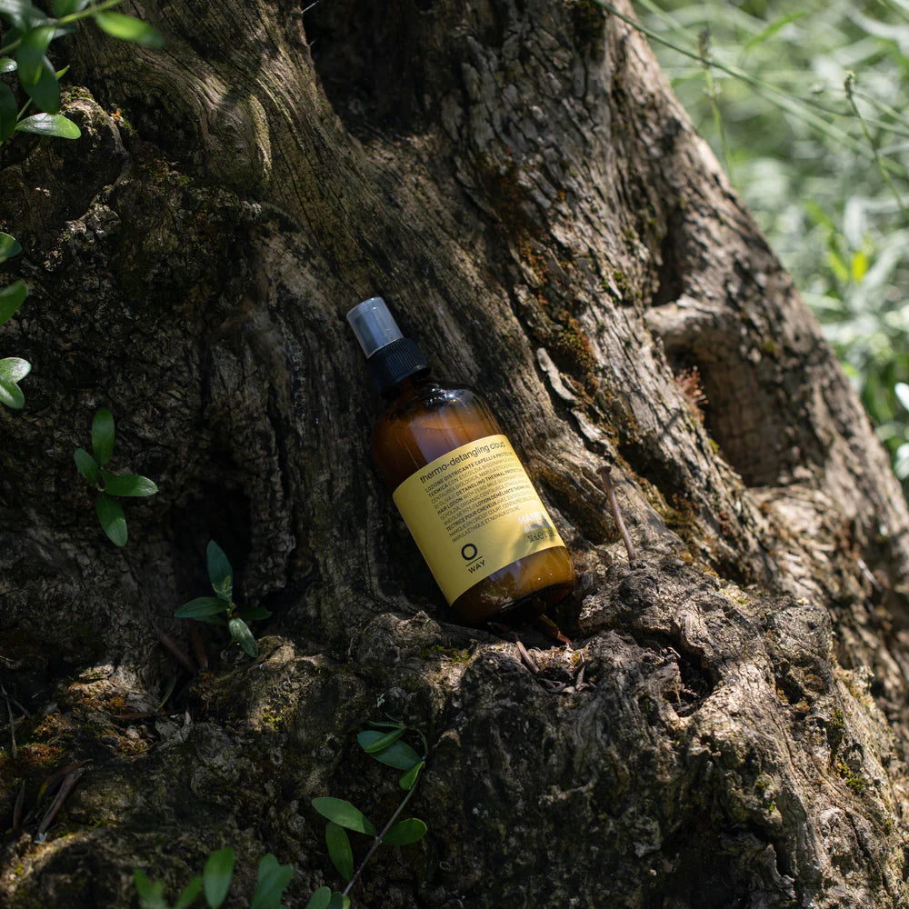 An Oway Thermo-Detangling Cloud spray bottle, featuring a yellow label, sits against a textured tree trunk surrounded by green leaves.