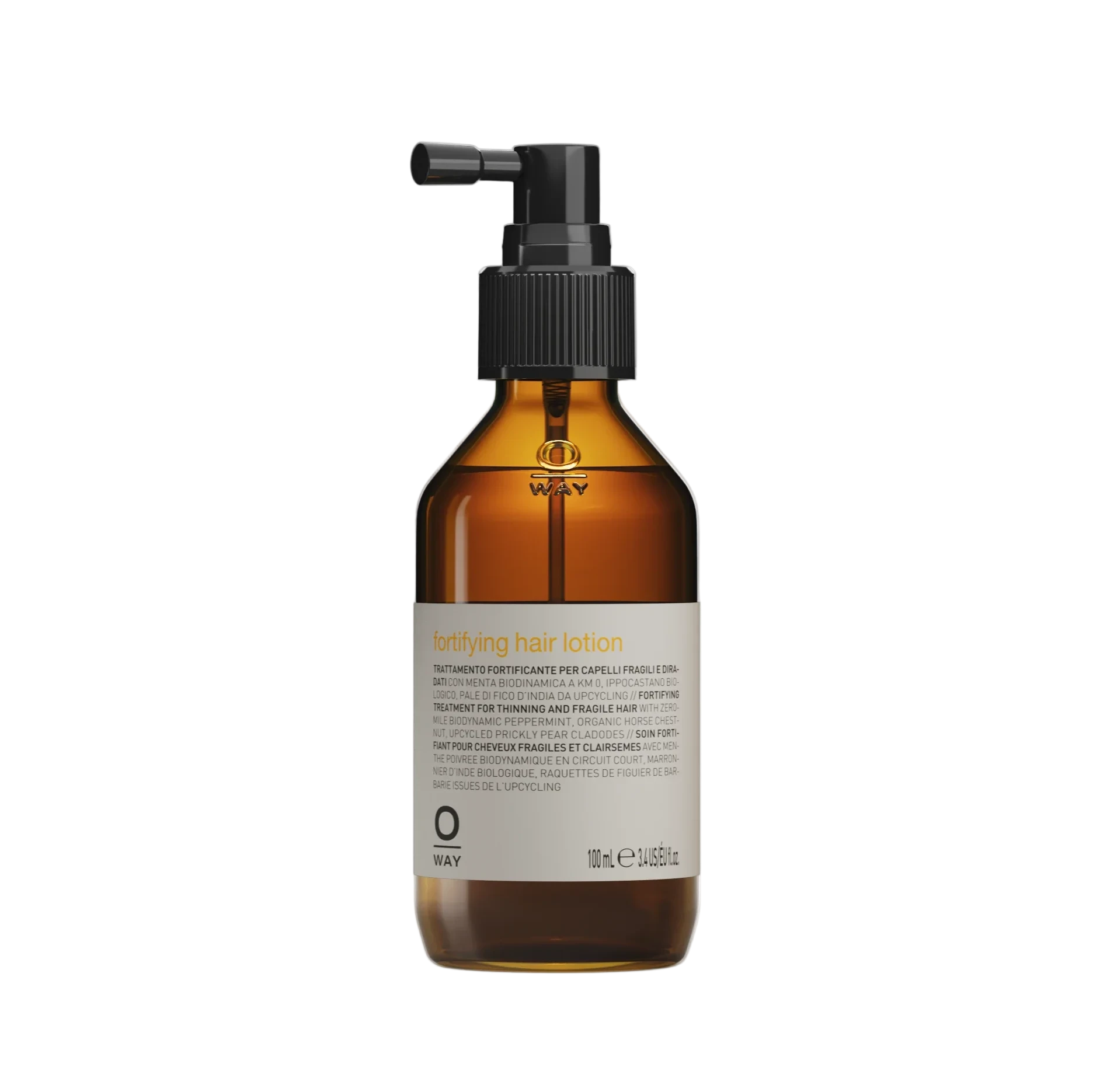 Brown glass bottle with black pump on a white background