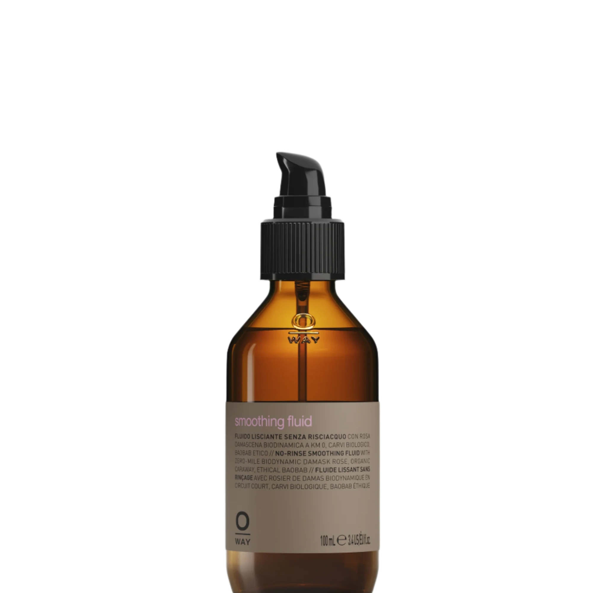 An Oway Smoothing Fluid bottle labeled "Sleek Styling Serum for Smooth, Frizz-Free Hair" stands upright against a plain black background, offering frizz control and radiant shine.