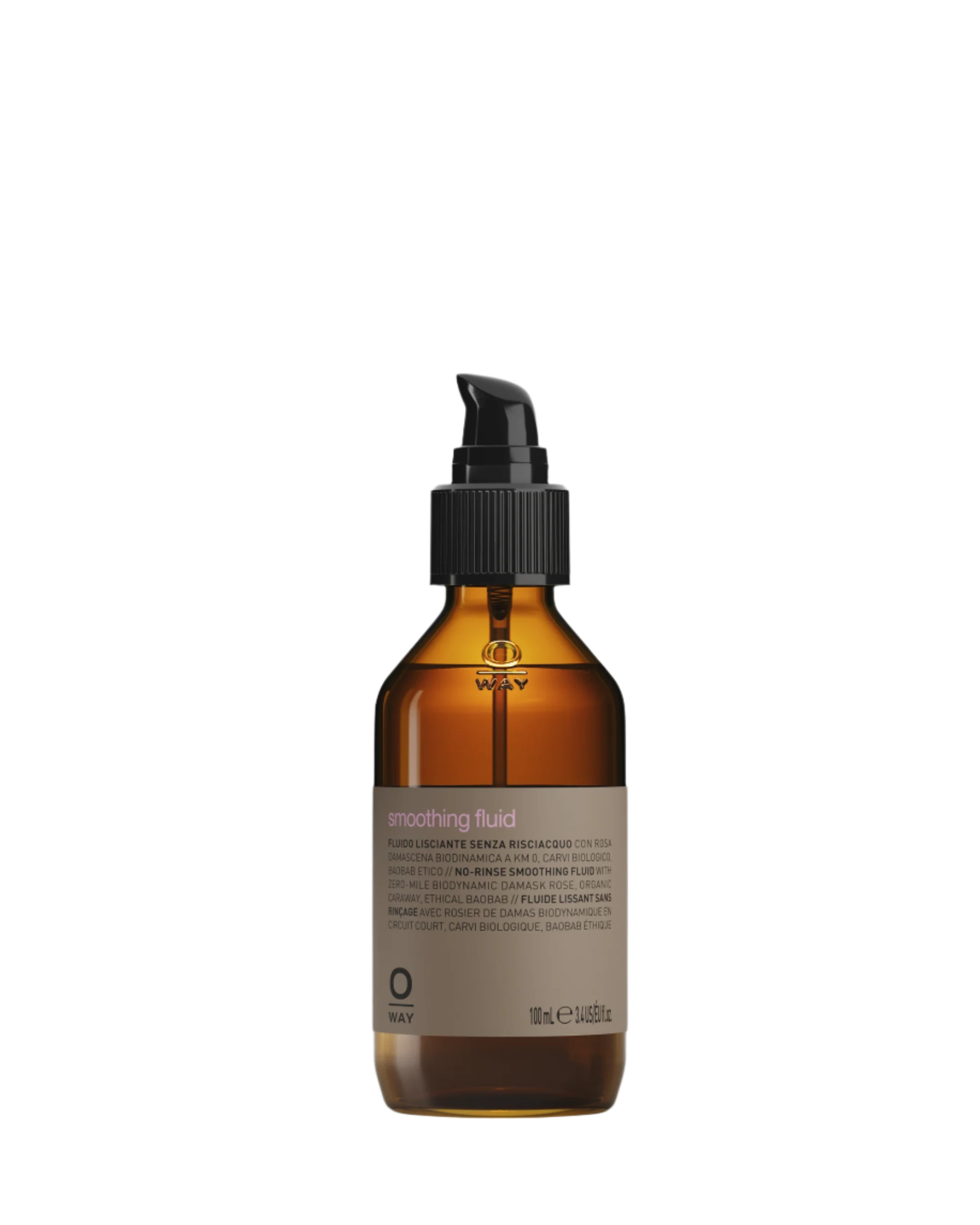 An Oway Smoothing Fluid bottle labeled "Sleek Styling Serum for Smooth, Frizz-Free Hair" stands upright against a plain black background, offering frizz control and radiant shine.