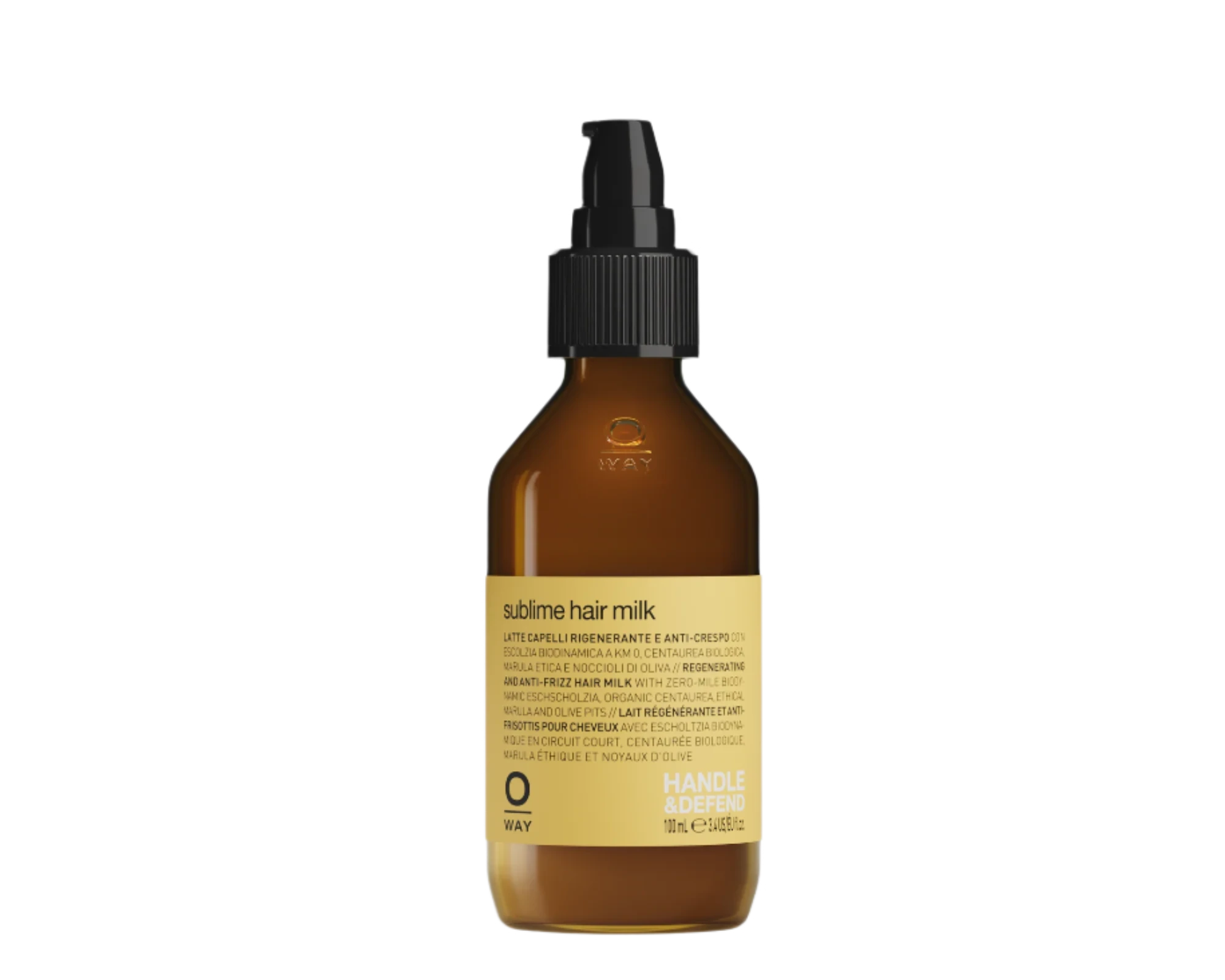 A brown Oway Sublime Hair Milk bottle is centered on a black textured background, emphasizing its lightweight leave-in formula that boosts softness and shine.