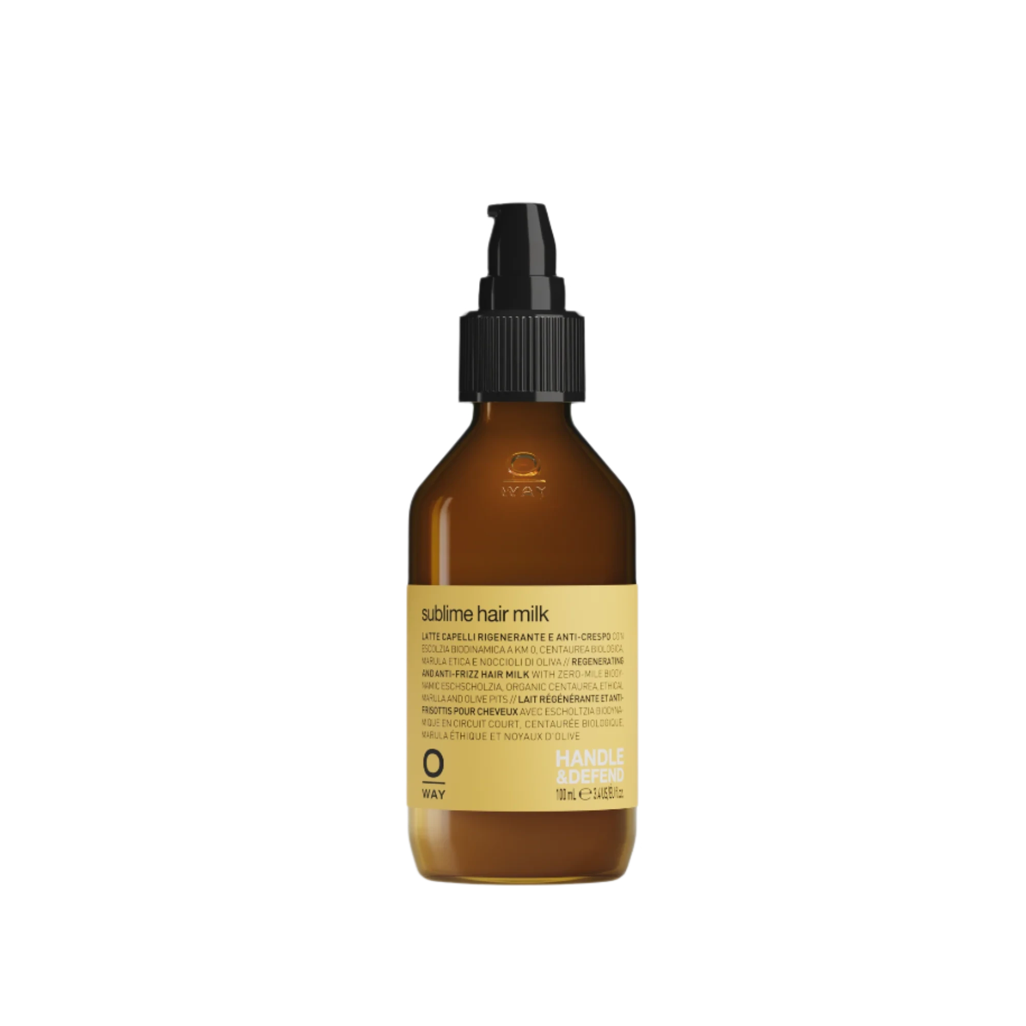 A brown Oway Sublime Hair Milk bottle is centered on a black textured background, emphasizing its lightweight leave-in formula that boosts softness and shine.