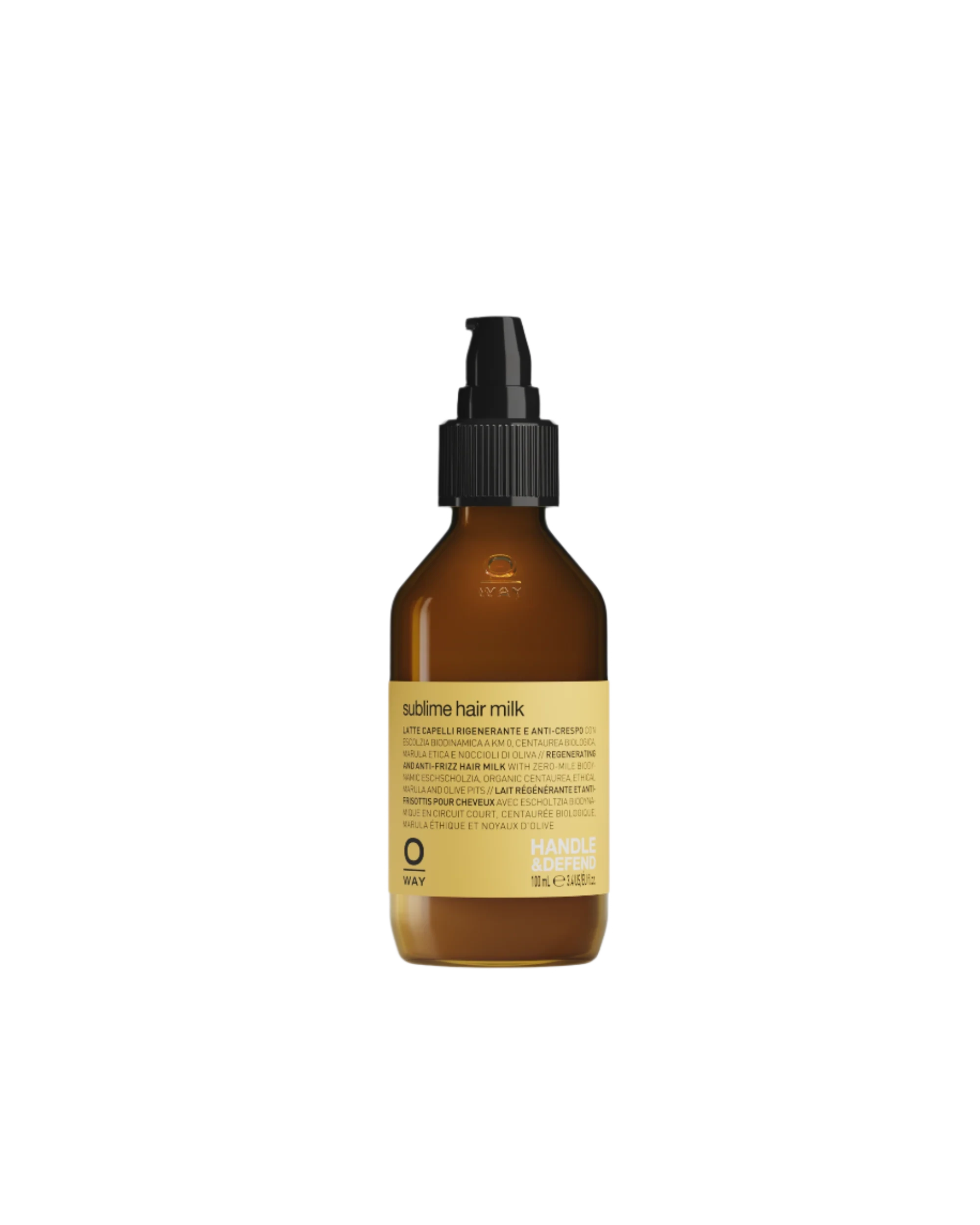 A brown Oway Sublime Hair Milk bottle is centered on a black textured background, emphasizing its lightweight leave-in formula that boosts softness and shine.