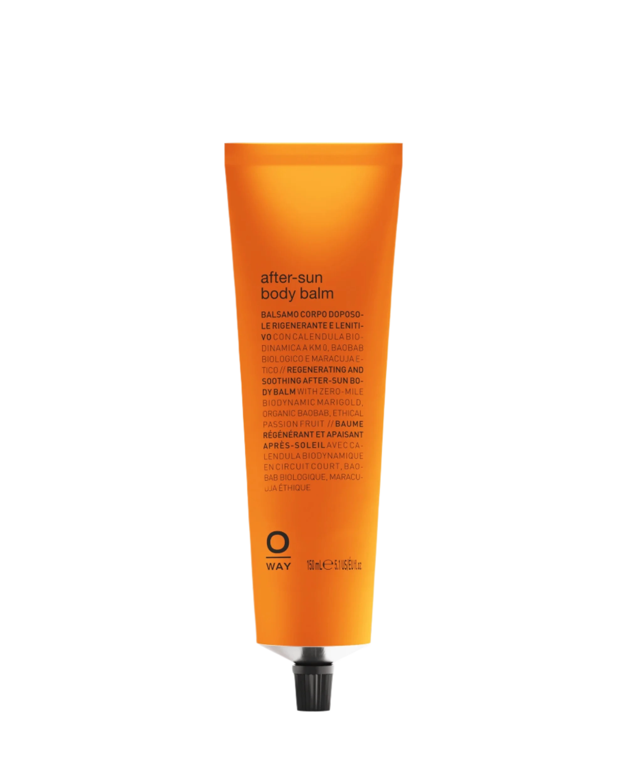 Oway After Sun Body Balm, in an orange tube with black text, soothes and hydrates sun-exposed skin using organic, biodynamic botanicals for a regenerating body treatment.
