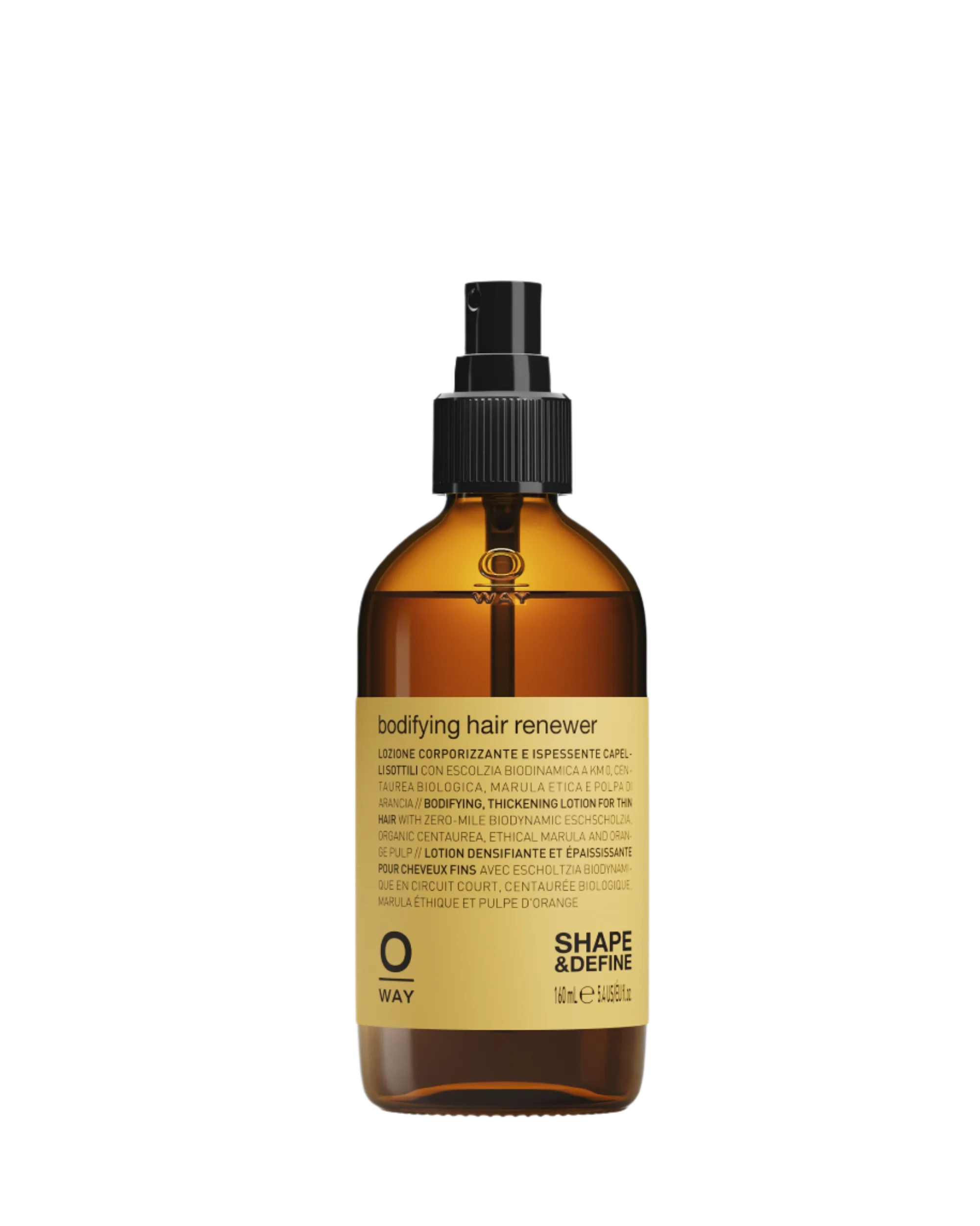 A brown spray bottle of Oway Bodifying Hair Renewer | Anti-Hair Fall Densifying Spray for Fine Hair, featuring biodynamic marrubium and ethical marula oil, includes product details and usage on its yellow label.