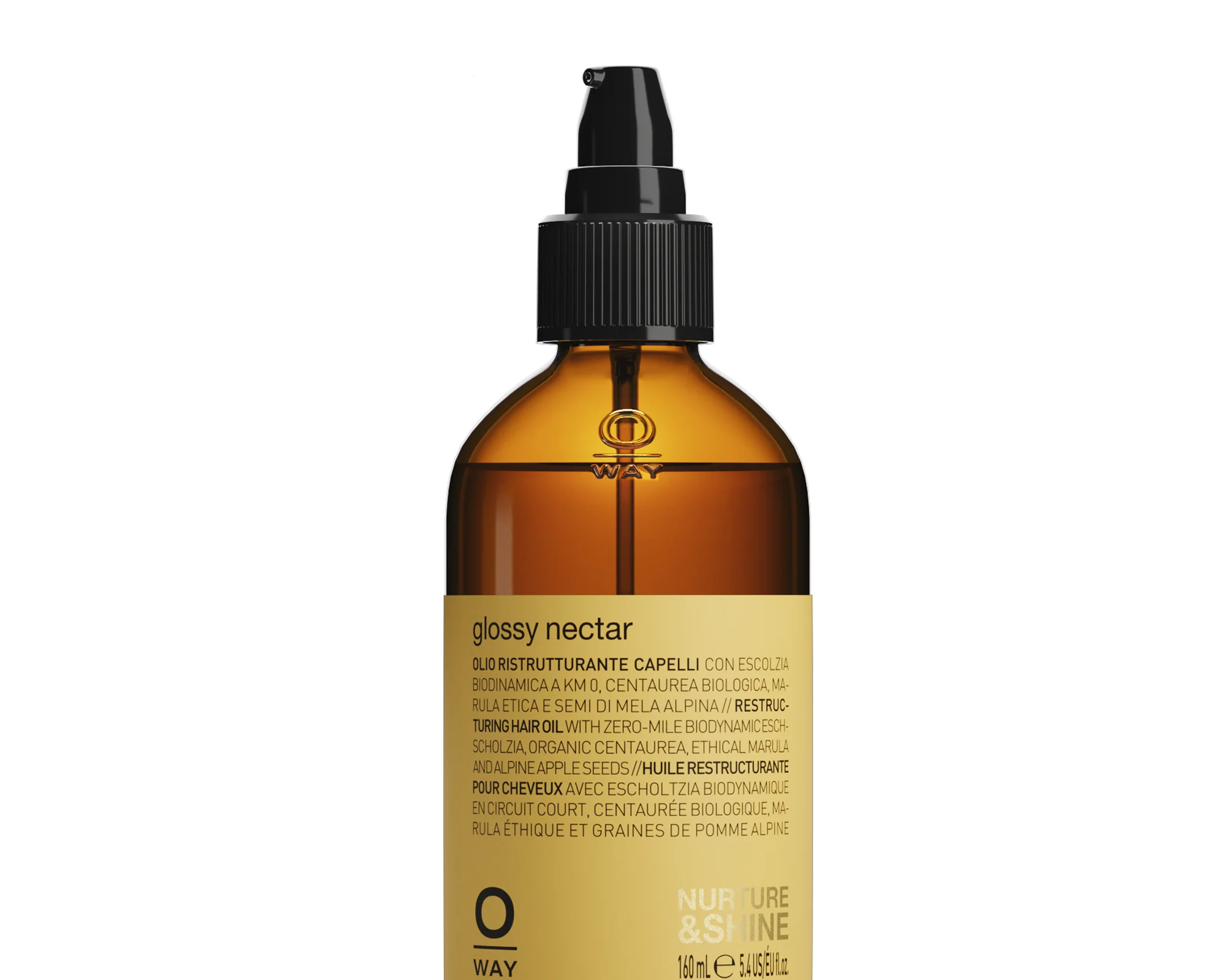 A 160ml brown glass bottle with black pump, labeled Oway Glossy Nectar | Rebuilding Oil Serum for Shine and Hair Strength, provides hair oil for frizz control, shine, and stronger hair.