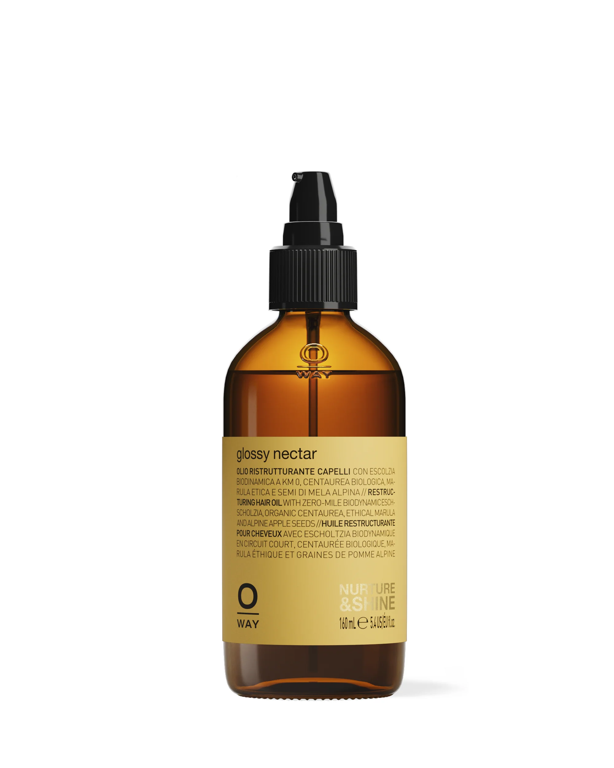 A 160ml brown glass bottle with black pump, labeled Oway Glossy Nectar | Rebuilding Oil Serum for Shine and Hair Strength, provides hair oil for frizz control, shine, and stronger hair.