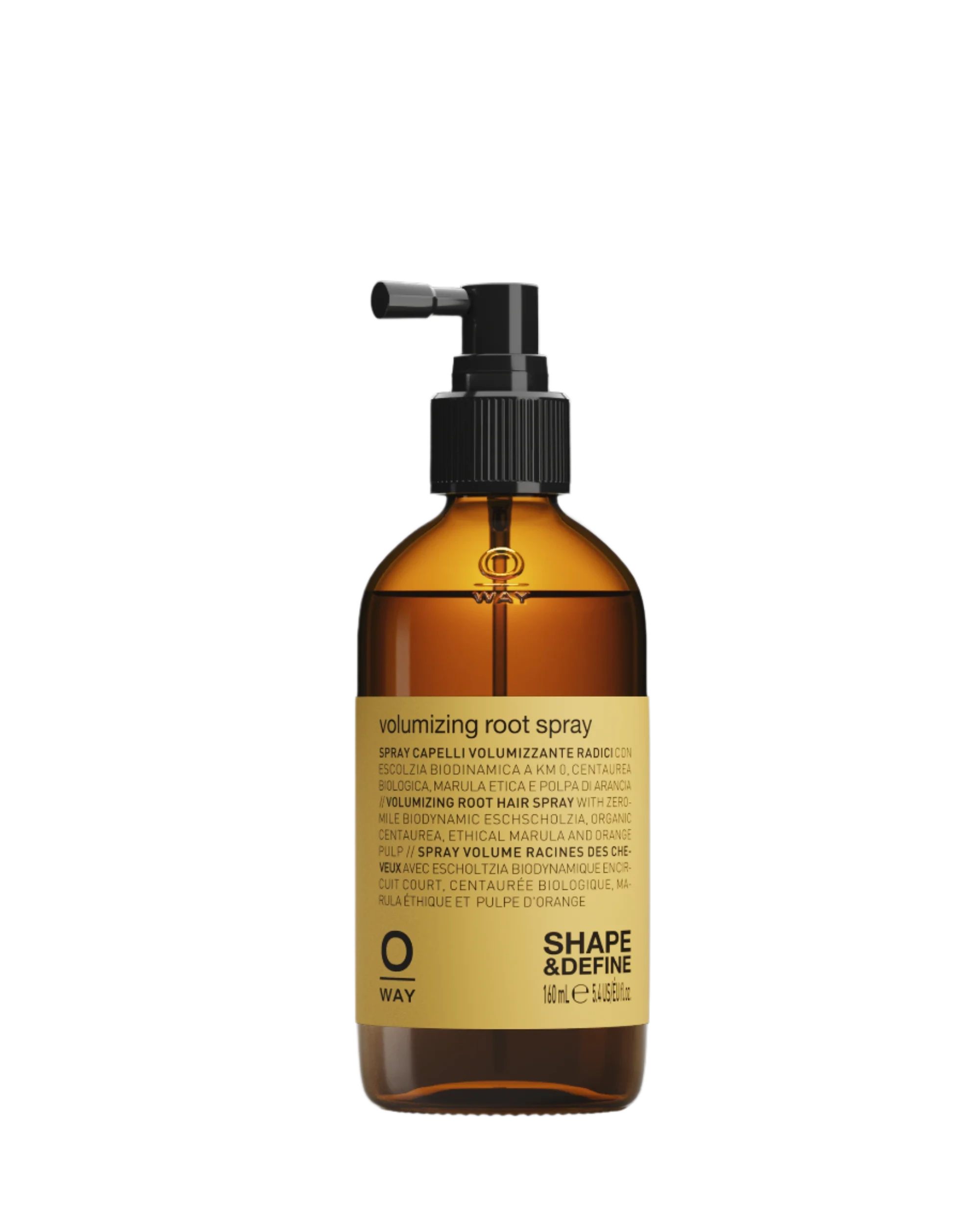Amber bottle of Oway Volumizing Root Spray | Lightweight Root Lift for Fine, Flat Hair with pump dispenser and yellow label—ideal for boosting root volume in fine hair.