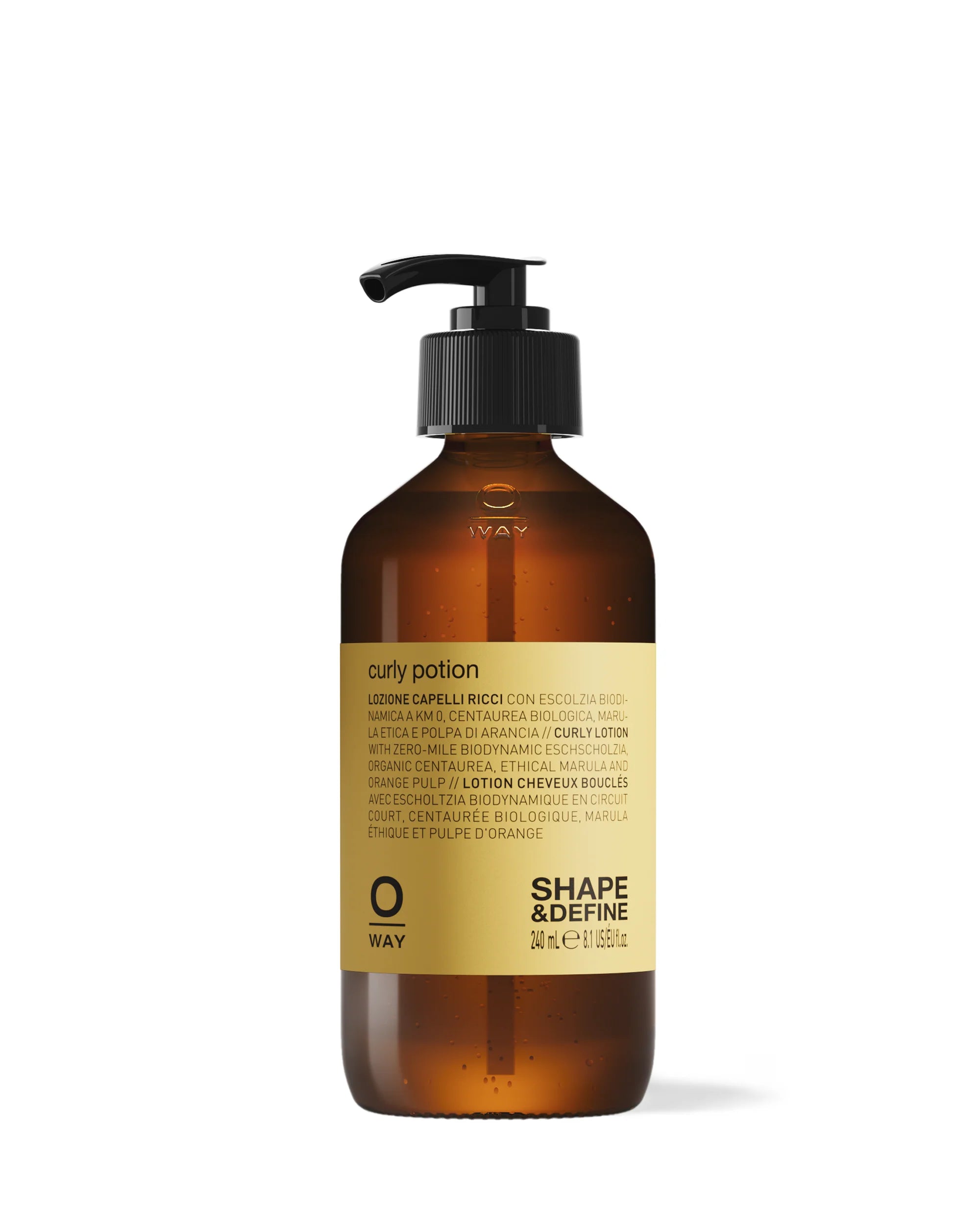 A brown pump bottle labeled “Oway Curly Potion,” this 240 ml (8.1 fl oz) curl-defining serum tames frizz and shapes soft, shiny curls.