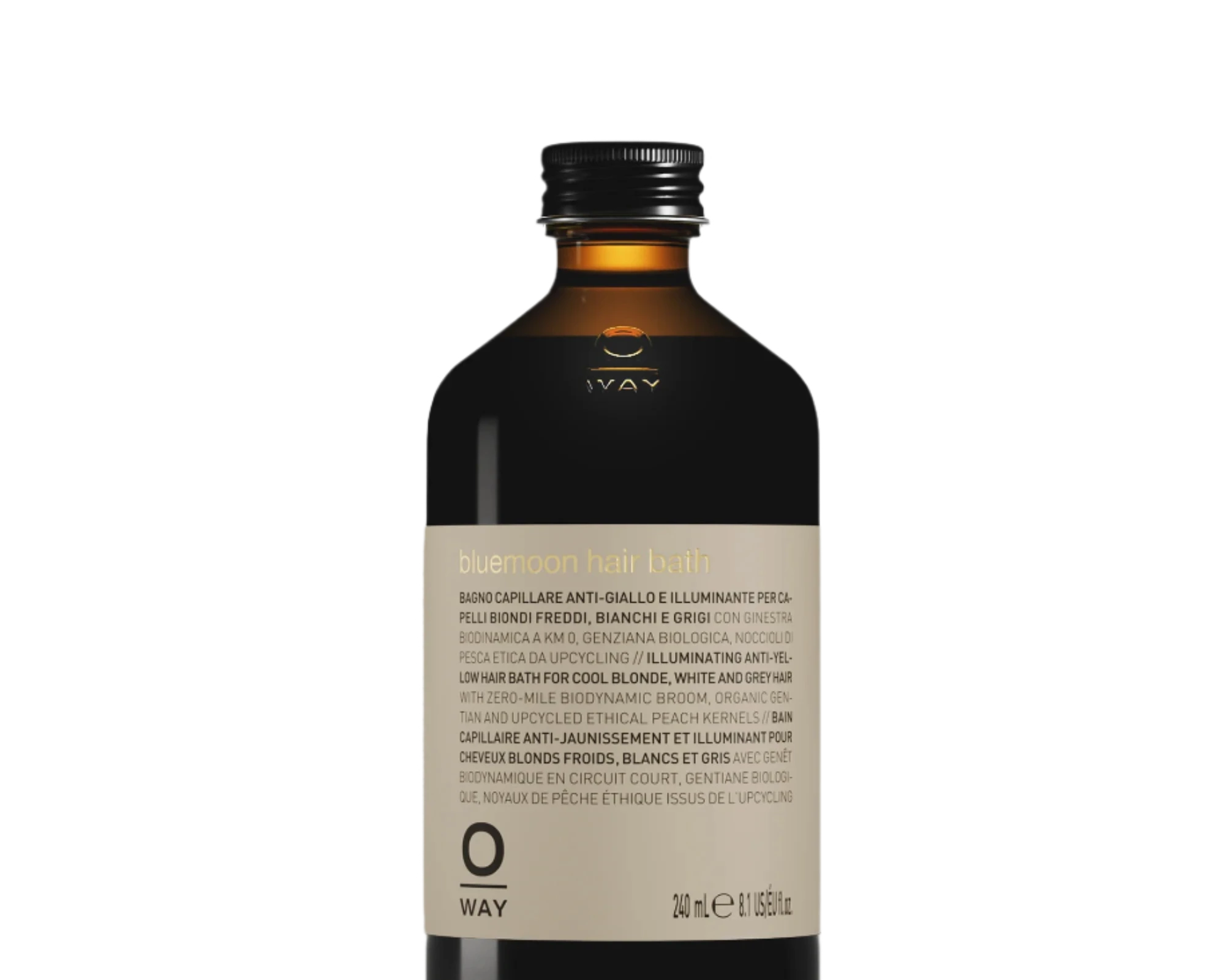 A 240 ml dark glass bottle with a gold cap labeled "Oway Bluemoon Hair Bath | Illuminating Anti-Yellow Shampoo for Cool Blonde, White & Grey Hair" by Oway, designed to neutralize brassiness. The label features text in multiple languages.