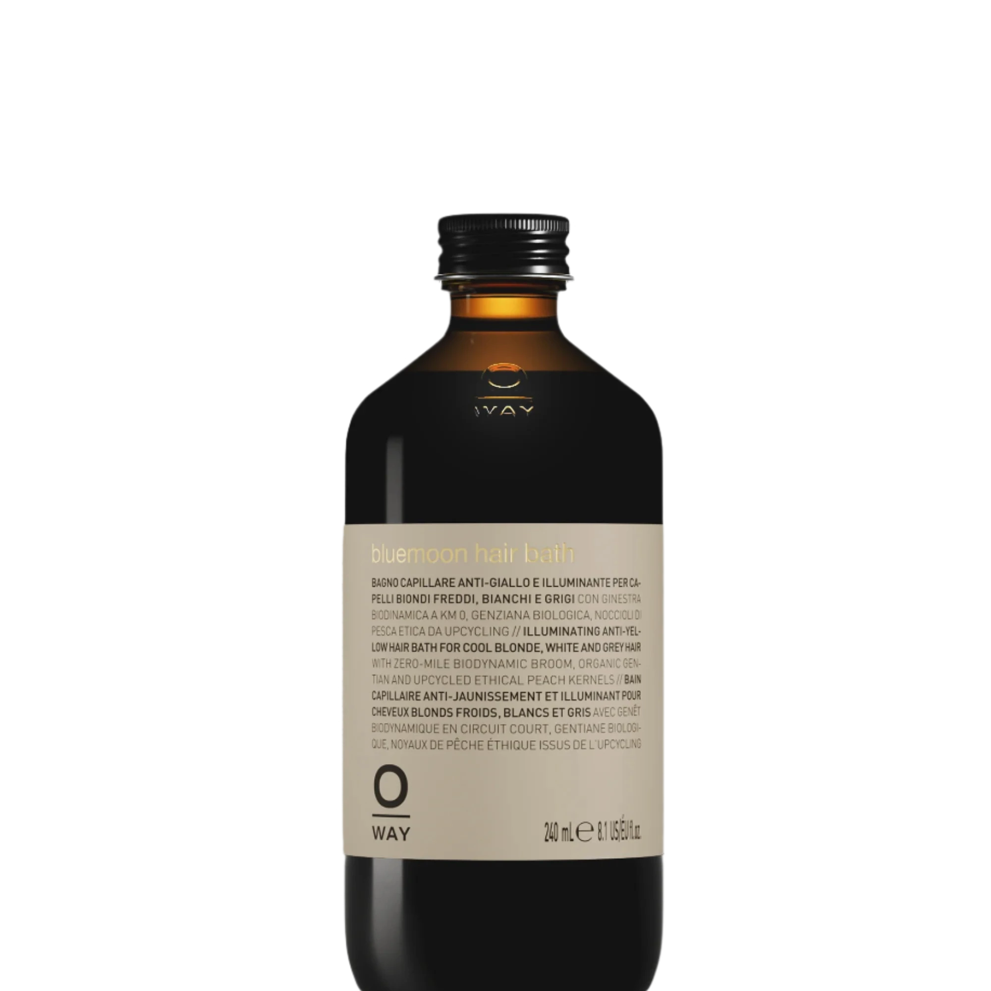 A 240 ml dark glass bottle with a gold cap labeled "Oway Bluemoon Hair Bath | Illuminating Anti-Yellow Shampoo for Cool Blonde, White & Grey Hair" by Oway, designed to neutralize brassiness. The label features text in multiple languages.