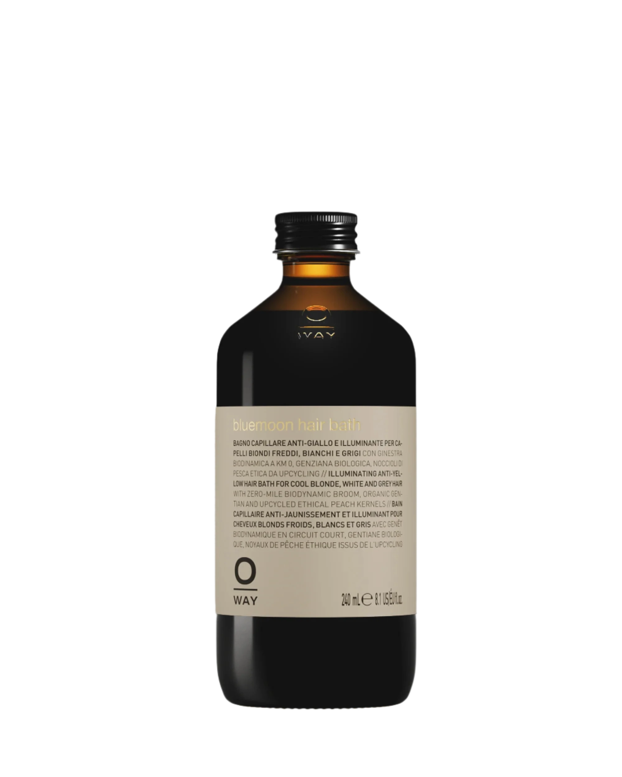 A 240 ml dark glass bottle with a gold cap labeled "Oway Bluemoon Hair Bath | Illuminating Anti-Yellow Shampoo for Cool Blonde, White & Grey Hair" by Oway, designed to neutralize brassiness. The label features text in multiple languages.