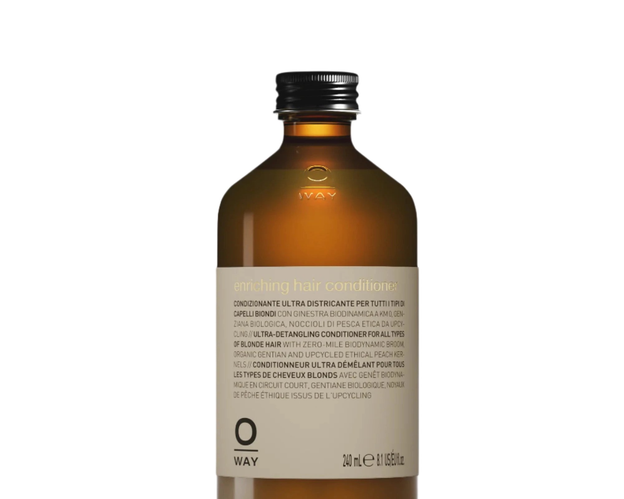A brown glass bottle with a silver cap labeled "Oway Enriching Hair Conditioner | Ultra Detangling For Dry Brittle Strands," containing 240 ml (8.5 fl oz) of plant-based formula for detangling and nourishing dry, brittle hair.