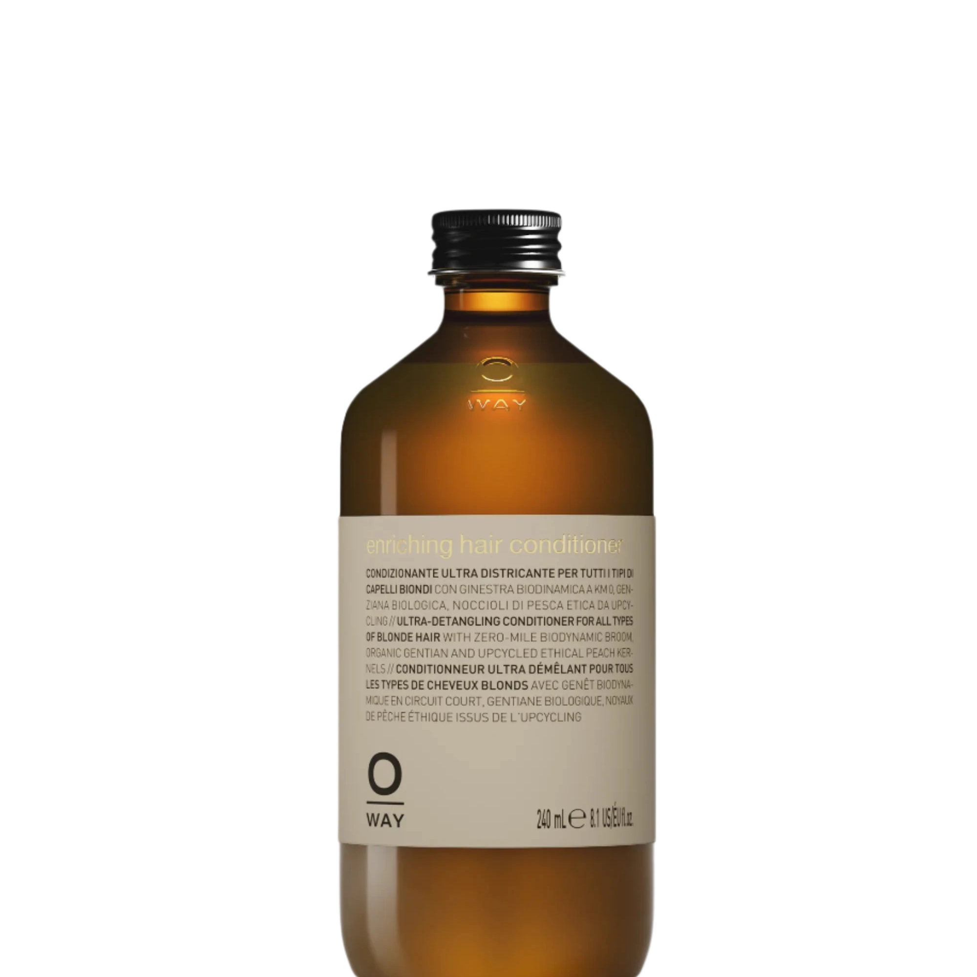 A brown glass bottle with a silver cap labeled "Oway Enriching Hair Conditioner | Ultra Detangling For Dry Brittle Strands," containing 240 ml (8.5 fl oz) of plant-based formula for detangling and nourishing dry, brittle hair.