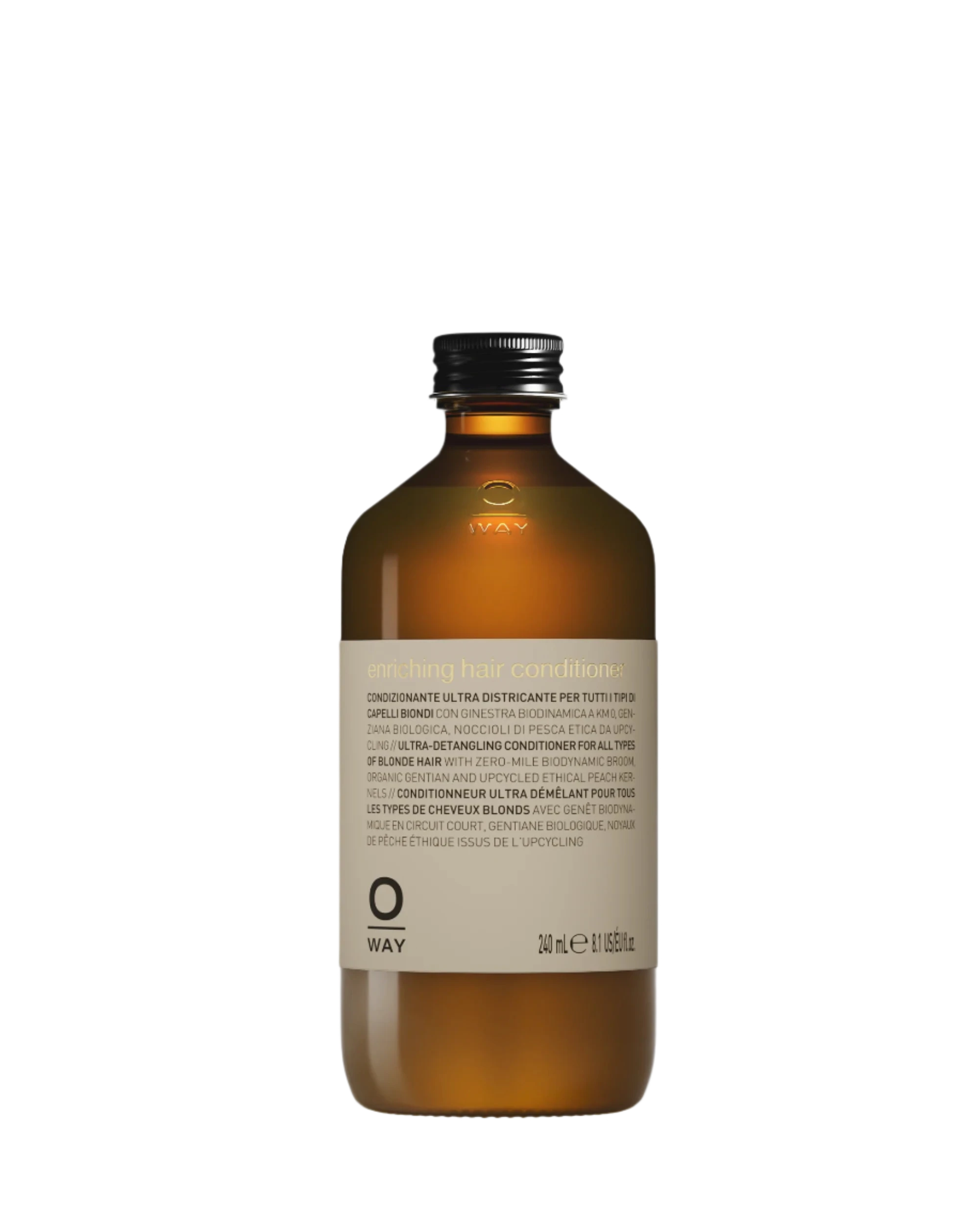 A brown glass bottle with a silver cap labeled "Oway Enriching Hair Conditioner | Ultra Detangling For Dry Brittle Strands," containing 240 ml (8.5 fl oz) of plant-based formula for detangling and nourishing dry, brittle hair.