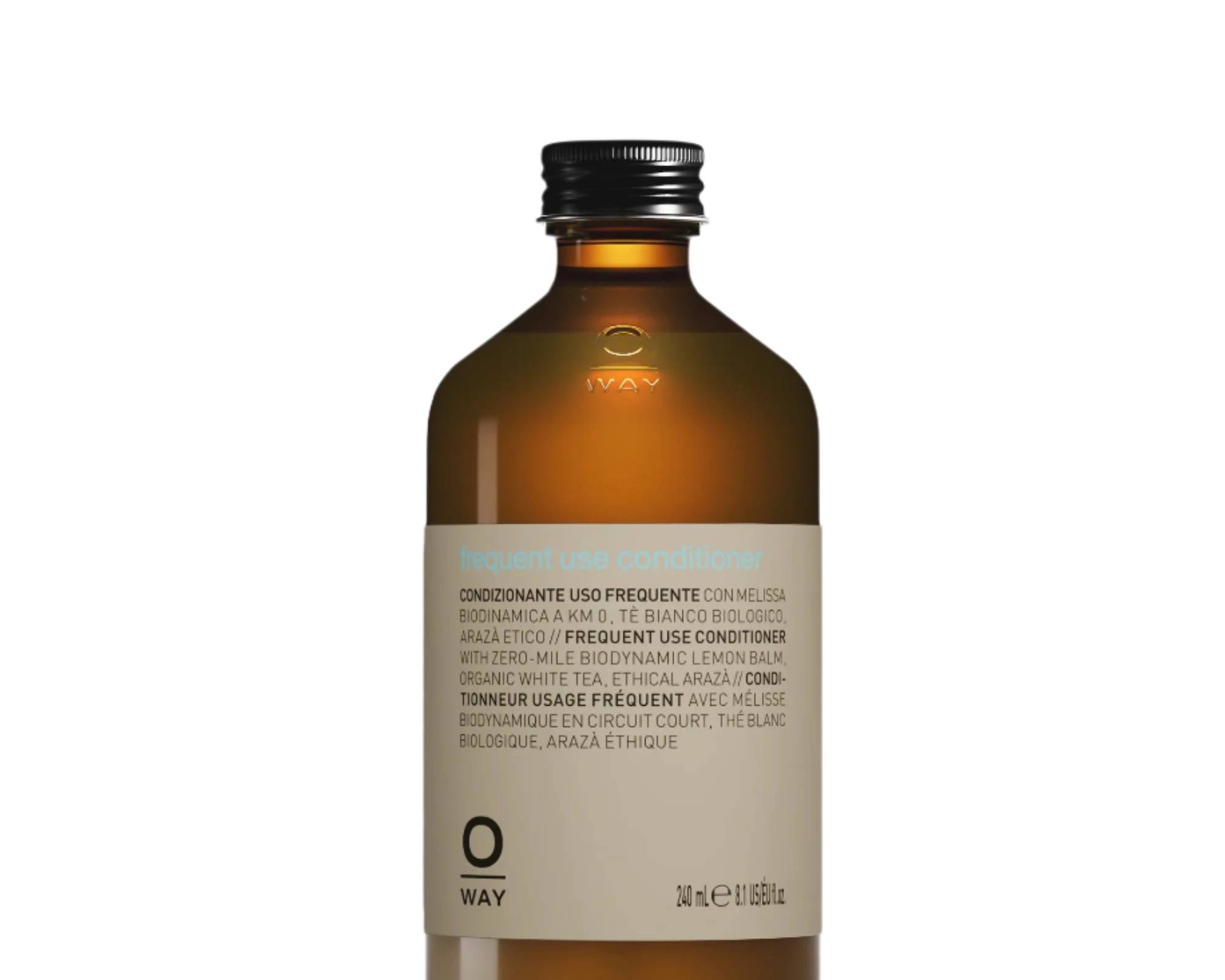 A 240ml brown glass bottle with black cap labeled "Oway Frequent Use Conditioner | Lightweight Conditioner for Everyday Use" by Oway. Ideal for daily use and all hair types.