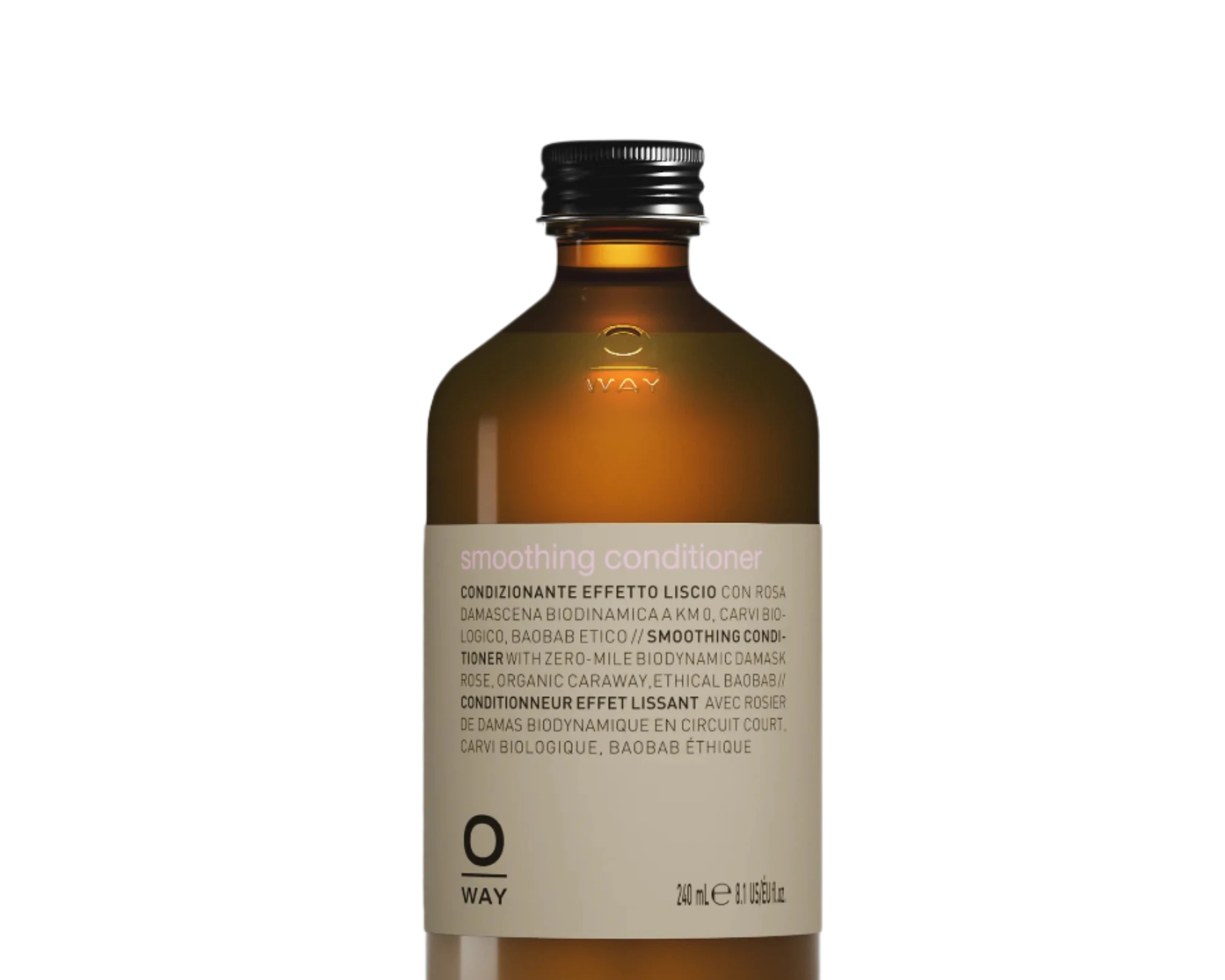 A brown Oway Smoothing Conditioner bottle, designed for frizzy hair with biodynamic caraway, features a silver cap and minimalistic look, set against a black textured background.