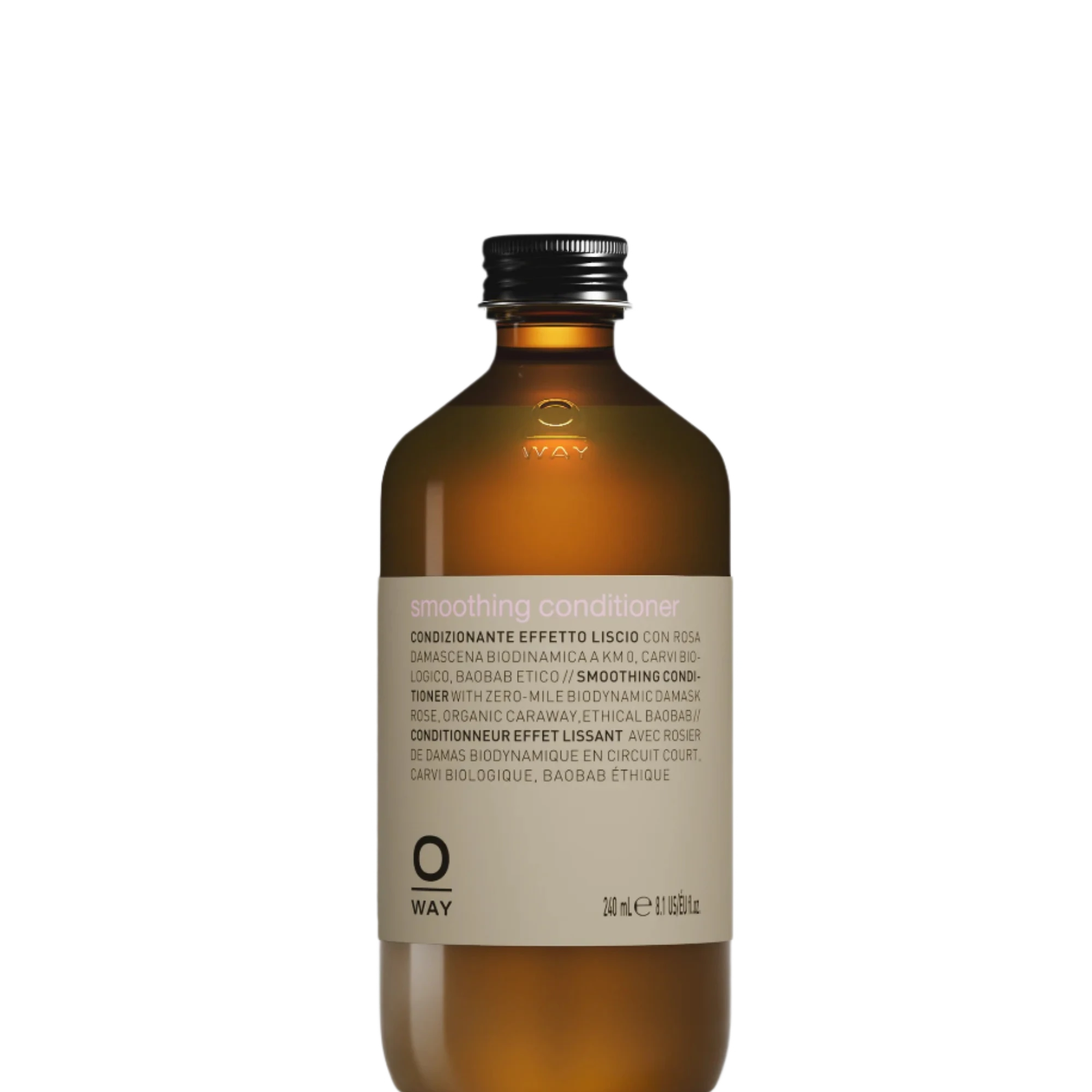 A brown Oway Smoothing Conditioner bottle, designed for frizzy hair with biodynamic caraway, features a silver cap and minimalistic look, set against a black textured background.