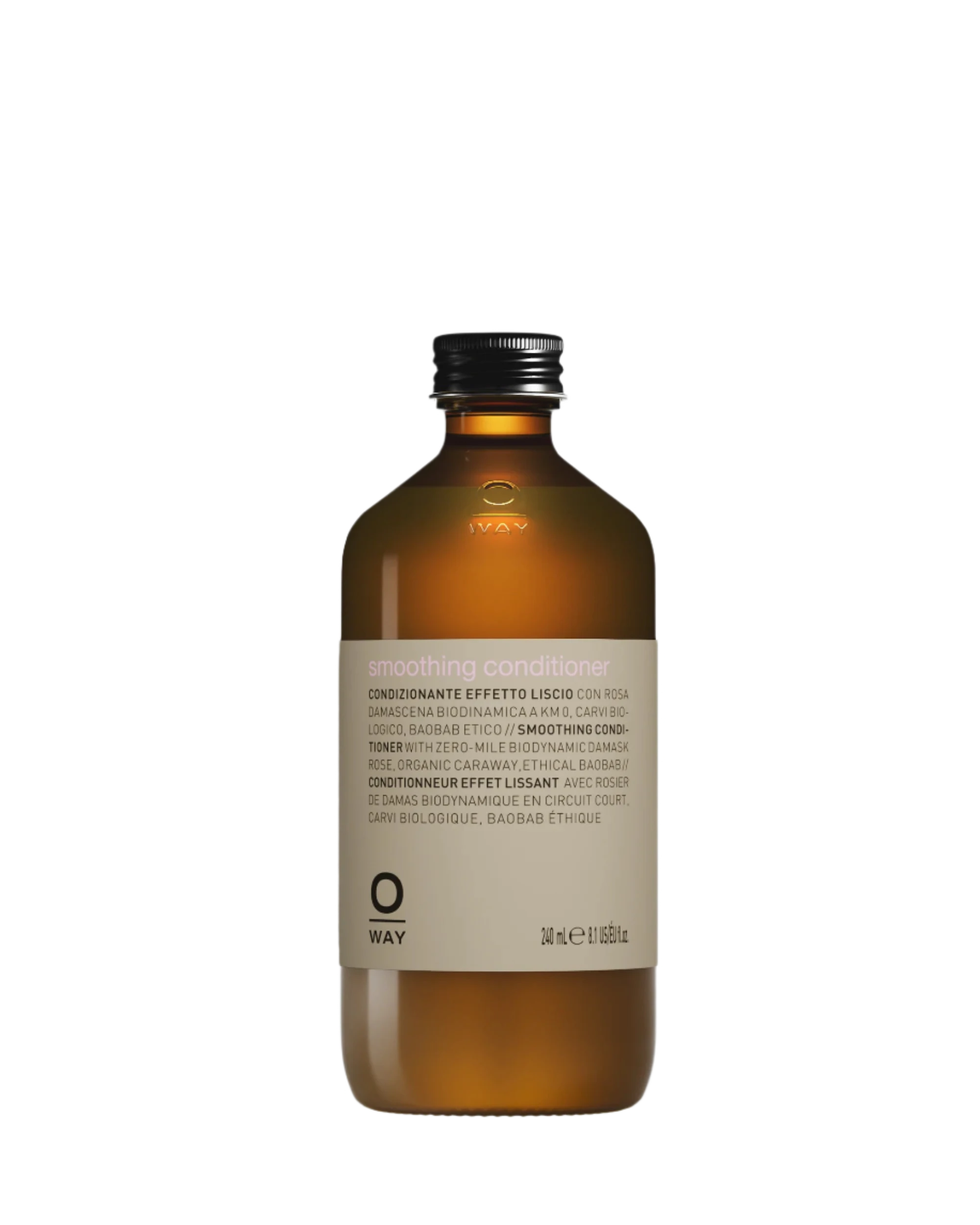 A brown Oway Smoothing Conditioner bottle, designed for frizzy hair with biodynamic caraway, features a silver cap and minimalistic look, set against a black textured background.