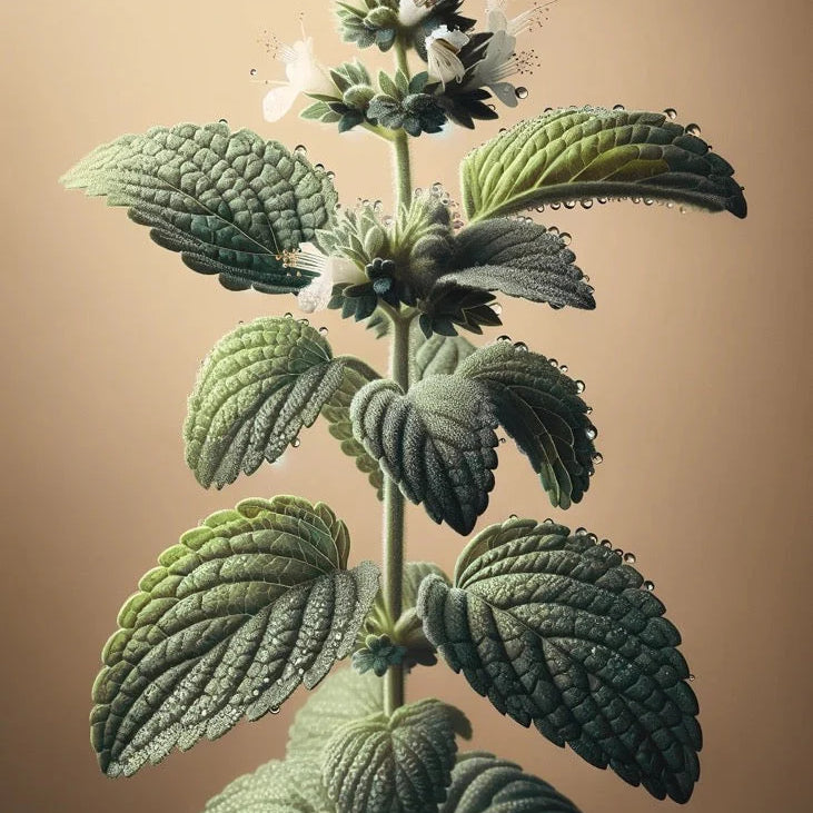 A close-up of a green plant stem with textured leaves and small white flowers against a beige background, evoking the natural purity of Oway Frequent Use Hair & Scalp Bath, a gentle daily shampoo for all hair types.