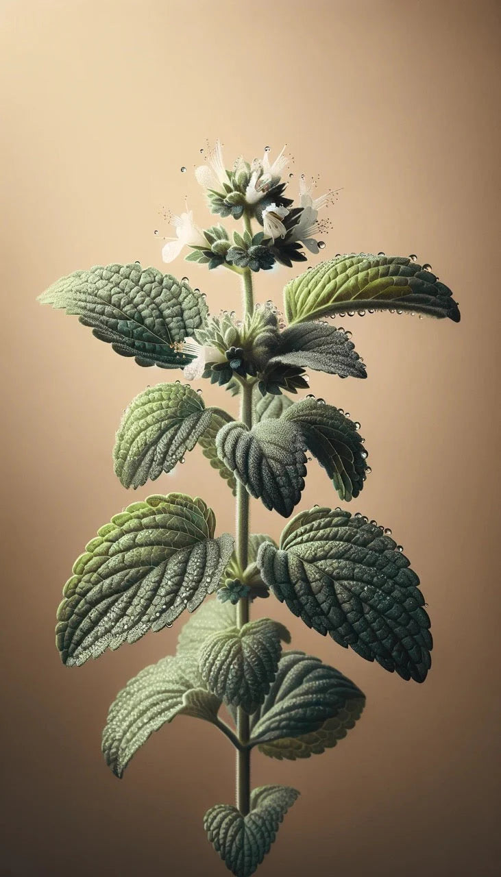 A close-up of a green plant stem with textured leaves and small white flowers against a beige background, evoking the natural purity of Oway Frequent Use Hair & Scalp Bath, a gentle daily shampoo for all hair types.