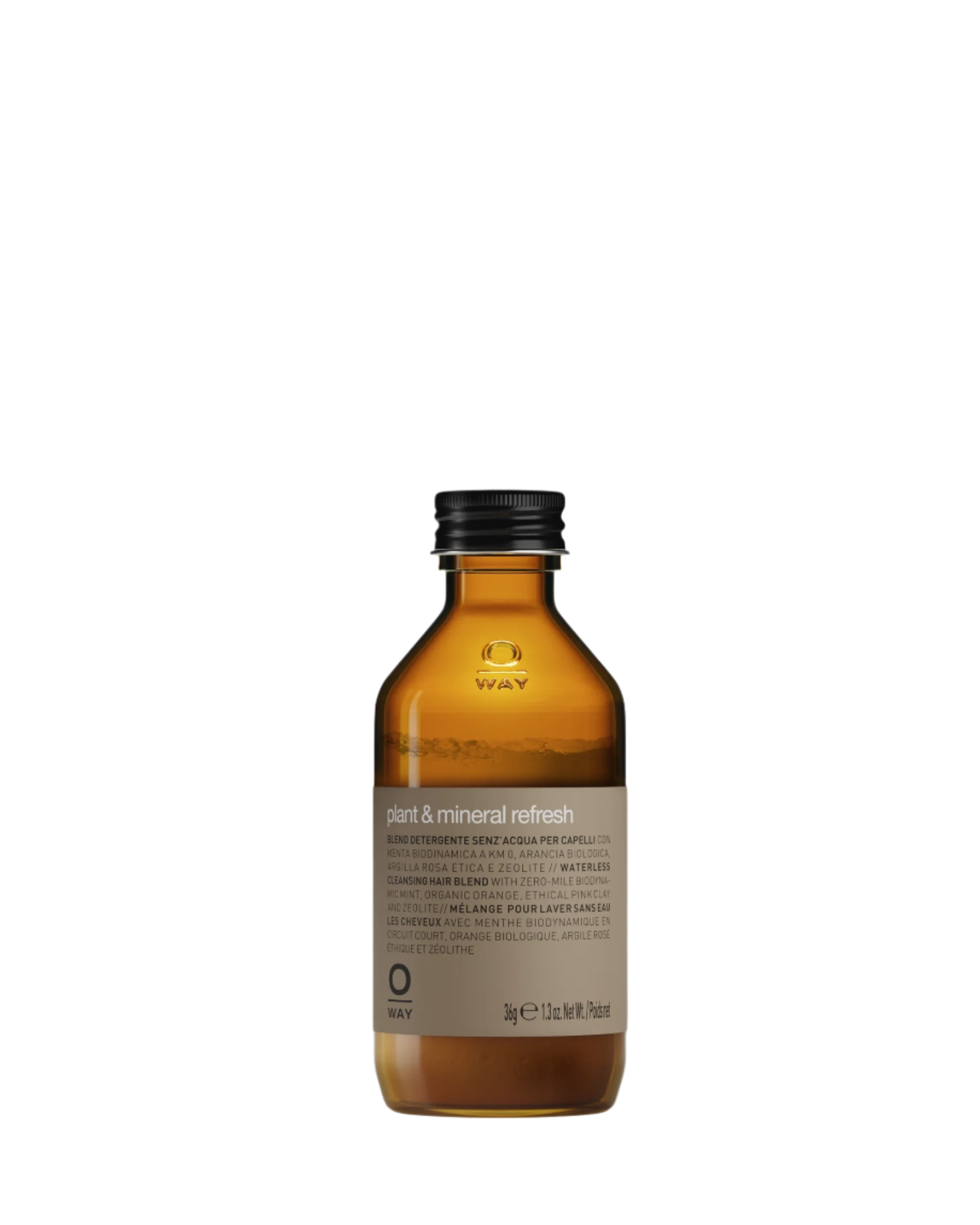 A brown bottle with a black cap labeled "Oway Plant & Mineral Refresh | Purifying Dry Shampoo Powder for All Hair Types" appears against a black textured background.