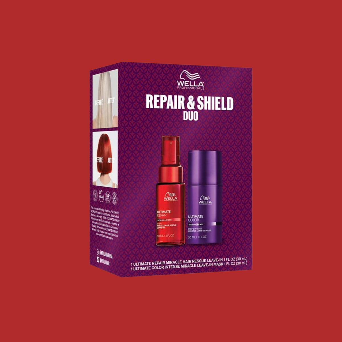 Wella Repair & Shield Duo purple gift box with the Ultimate Repair Miracle Hair Rescue leave-in and the Ultimate Color Intense Miracle Leave-In Mask, both 1 fl oz