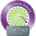 A circular logo with a purple border reading "Green Circle Salons" surrounds a green and purple dotted spiral. A gray rectangle at the bottom displays the words "Certified Salon" in white text.