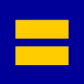 A blue square background with two horizontal yellow bars centered, resembling an equal sign.