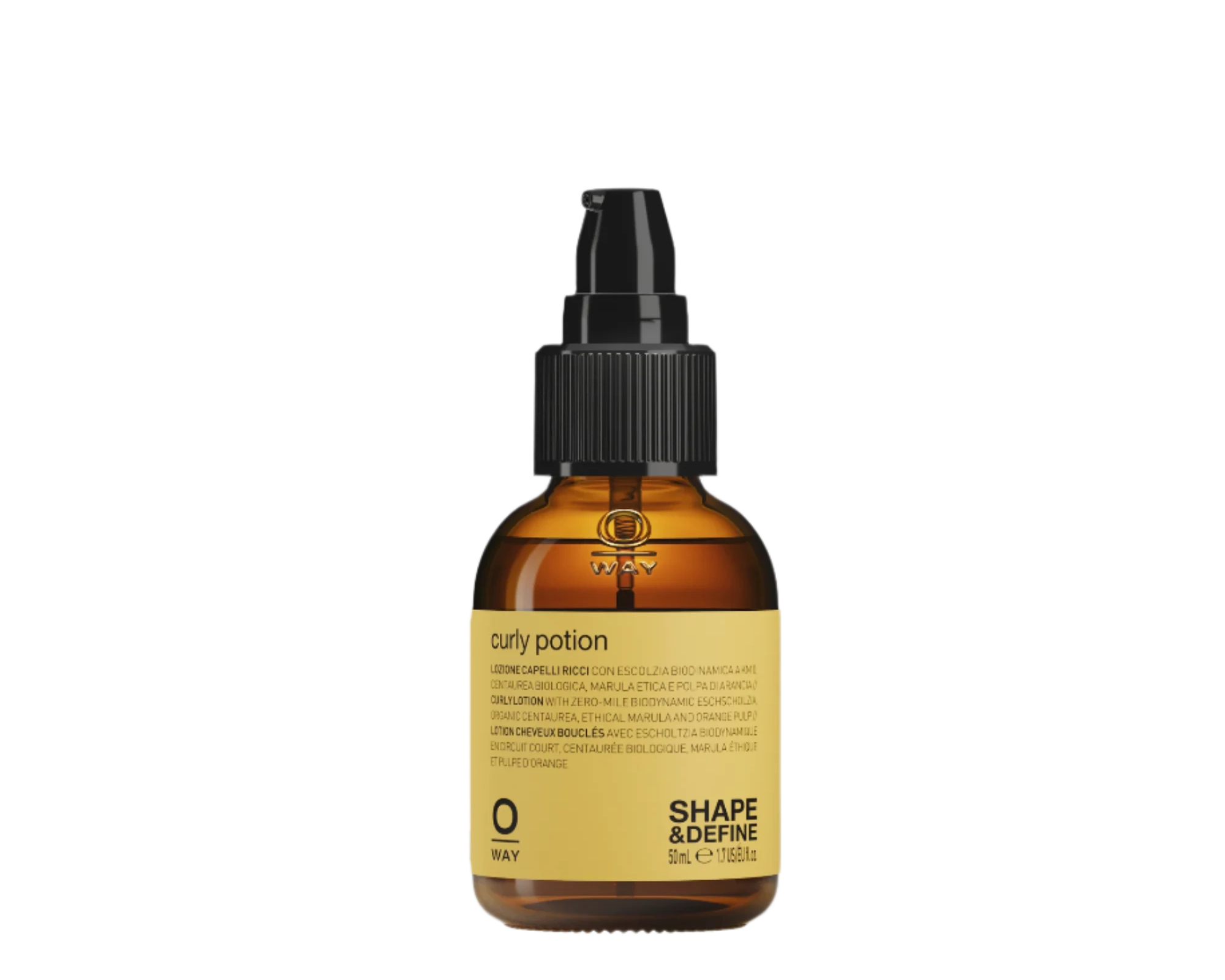 A bottle of Oway Curly Potion | Curl-Defining Serum for Soft, Shiny Curls by Oway, featuring a yellow label and black pump cap, is displayed on a black textured background.