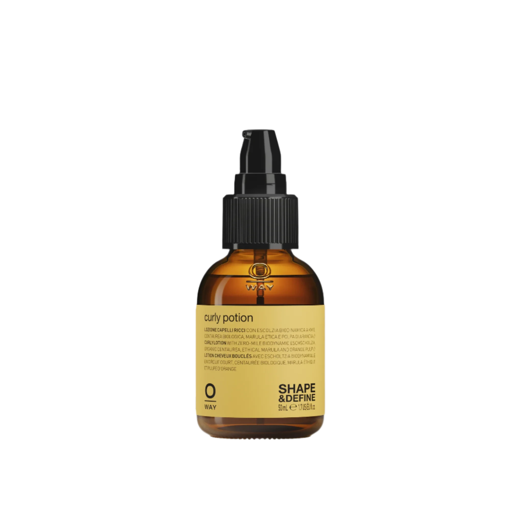 A bottle of Oway Curly Potion | Curl-Defining Serum for Soft, Shiny Curls by Oway, featuring a yellow label and black pump cap, is displayed on a black textured background.