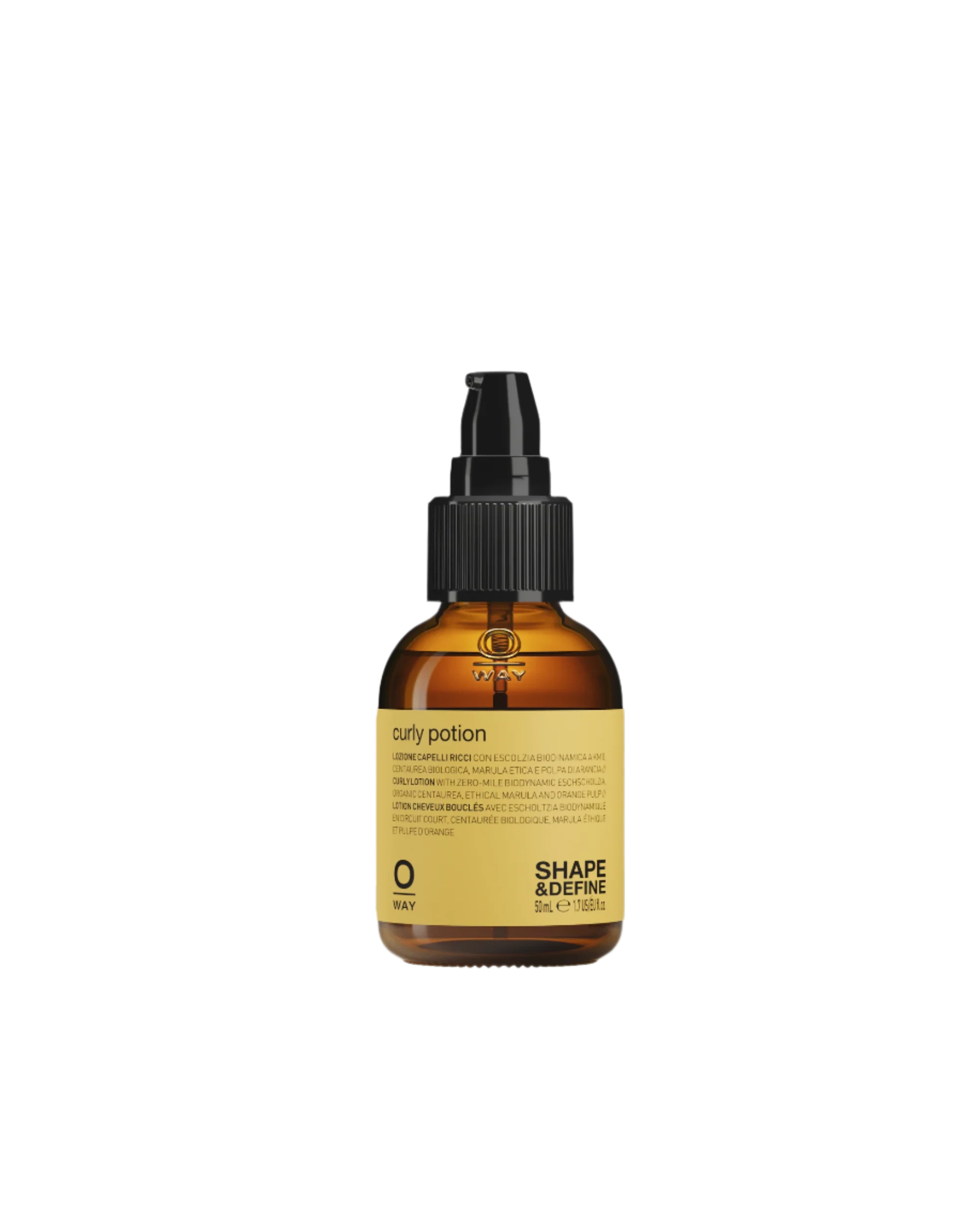A bottle of Oway Curly Potion | Curl-Defining Serum for Soft, Shiny Curls by Oway, featuring a yellow label and black pump cap, is displayed on a black textured background.