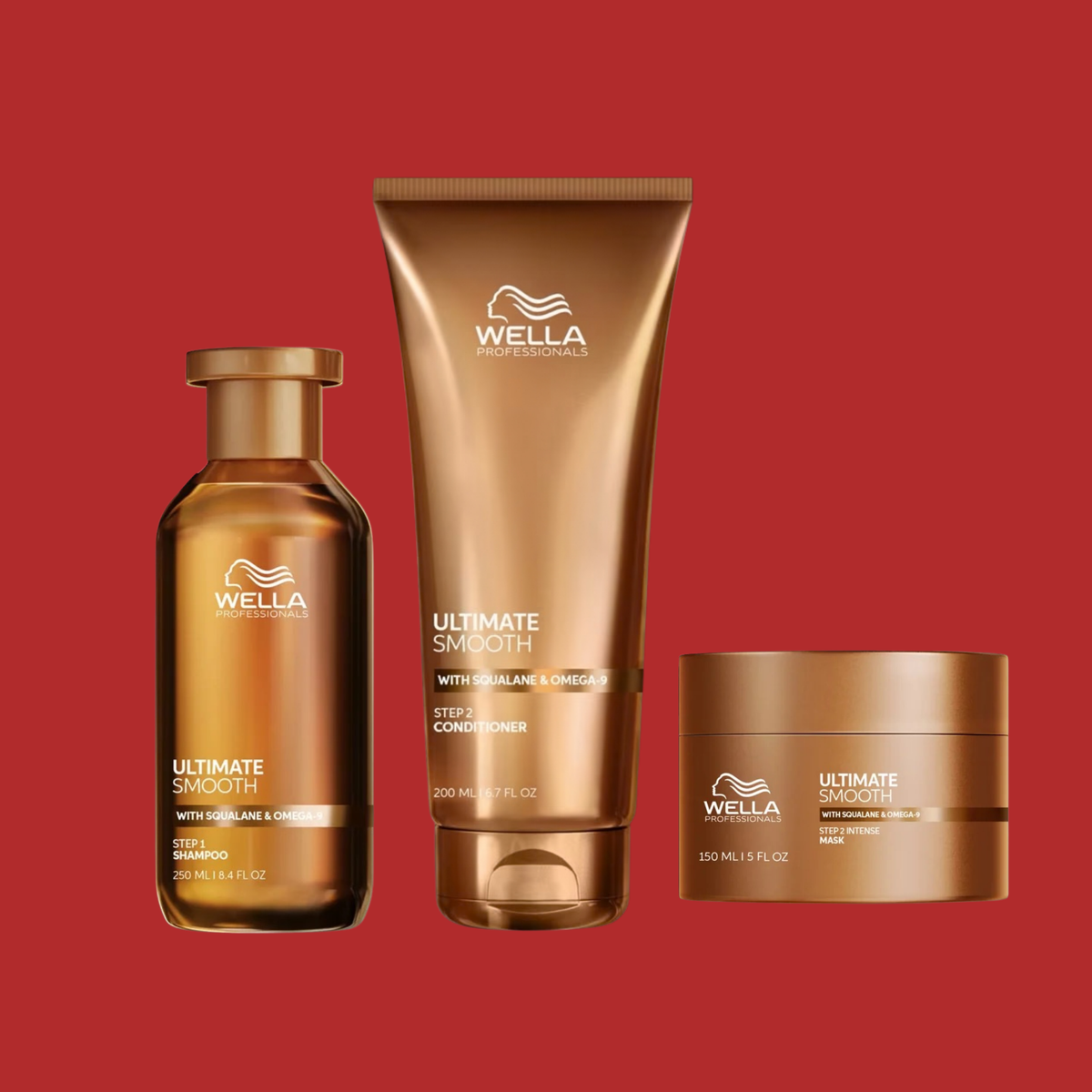 Wella Ultimate Smooth Trio: the 8.4 fl oz shampoo, 6.7 fl oz conditioner and 5 fl oz intense mask in bronze packaging, with Squalane and Omega-9