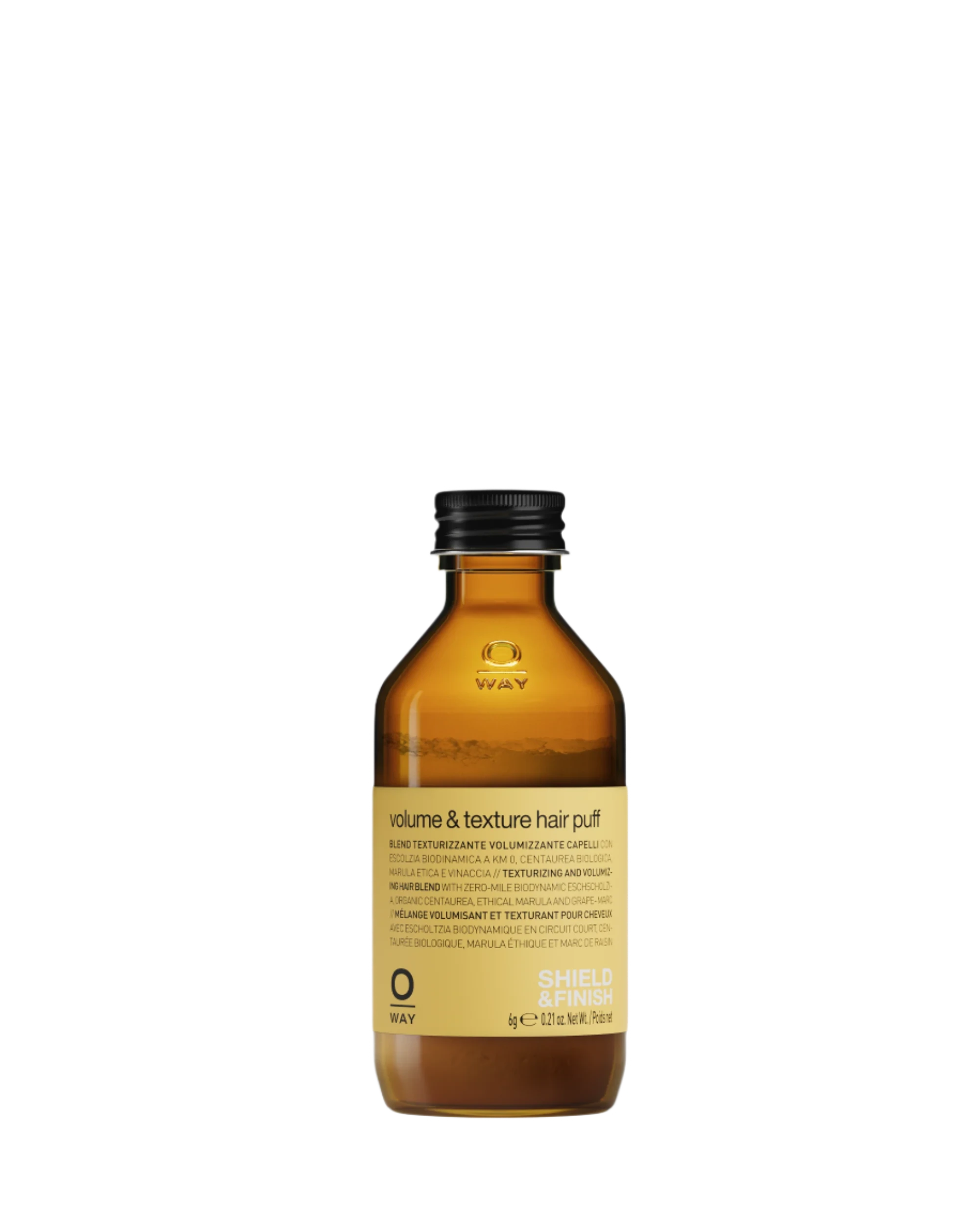 A brown Oway Volume and Texture Hair Puff bottle with a black cap rests on a black textured background, offering instant lift for fine hair with its innovative volumizing styling powder.