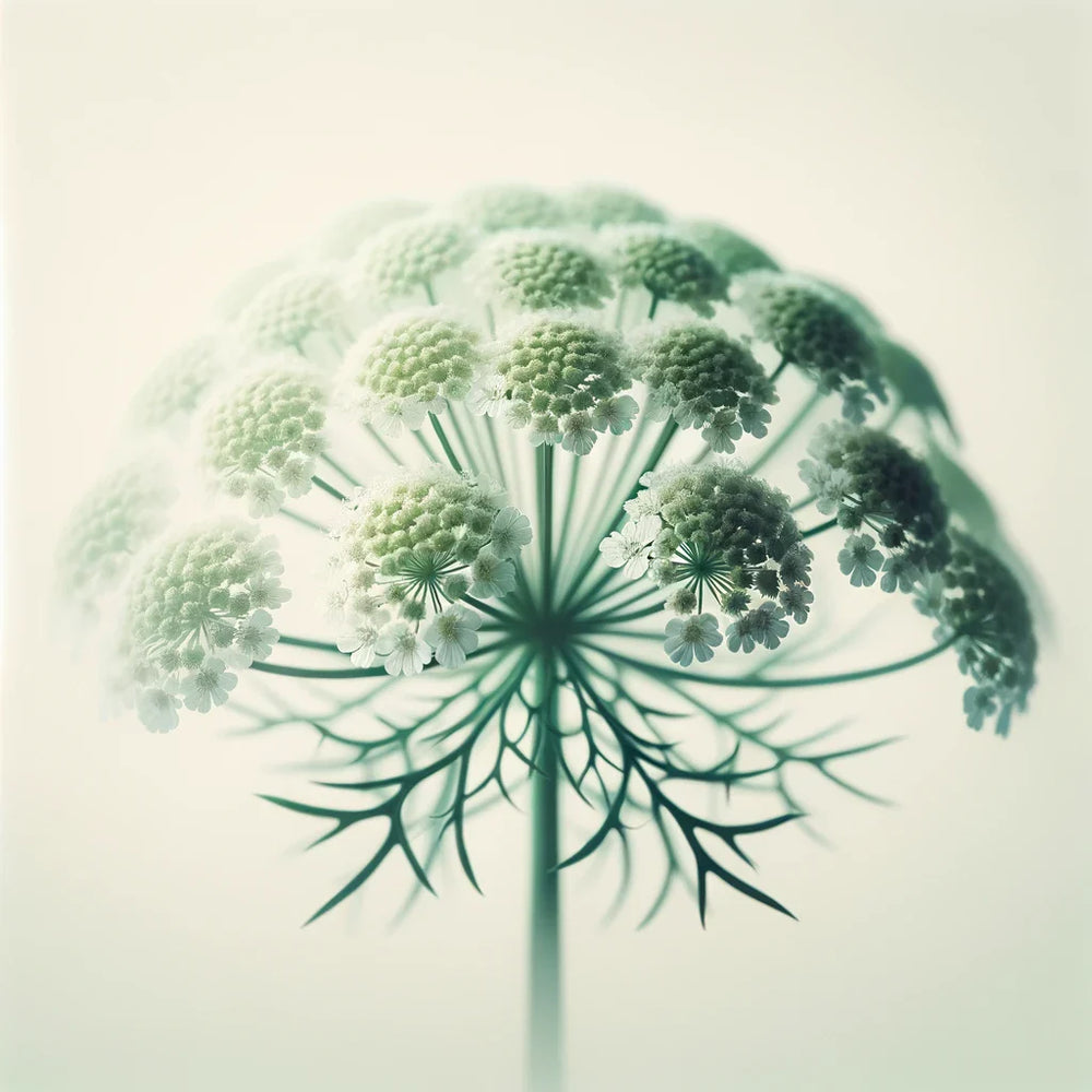 Close-up of white Queen Anne’s lace blooms and green stems evokes the pure beauty of biodynamic yarrow and organic ginger found in Oway Volumizing Hair Bath, a gentle volumizing shampoo for fine or limp hair by Oway.