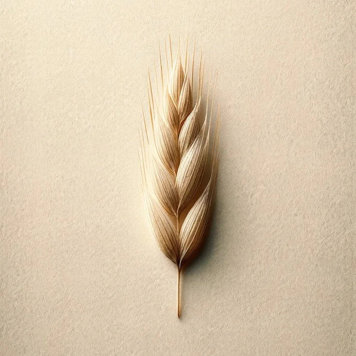 A single wheat ear rests on a beige background, reflecting the natural purity of Oway Silk’N Glow Serum, an anti-frizz shine serum for dry, frizzy hair.