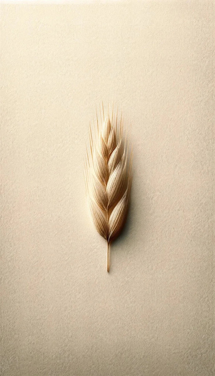 A single wheat ear lies centered on a plain, light beige background, reflecting the natural simplicity of the Oway Silk’N Glow Hair Mask—a nourishing solution by Oway for dry, frizzy hair.