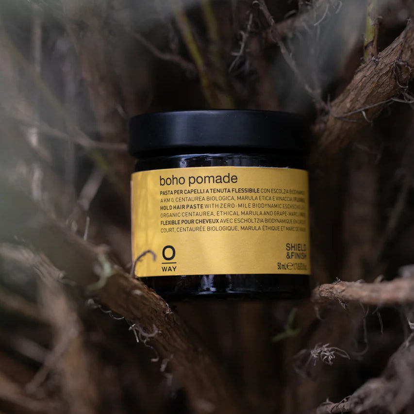 Oway Boho Pomade | Texturizing Cream Pomade for a laid-back, matte finish sits among branches and foliage, offering flexible hold and effortless styling.