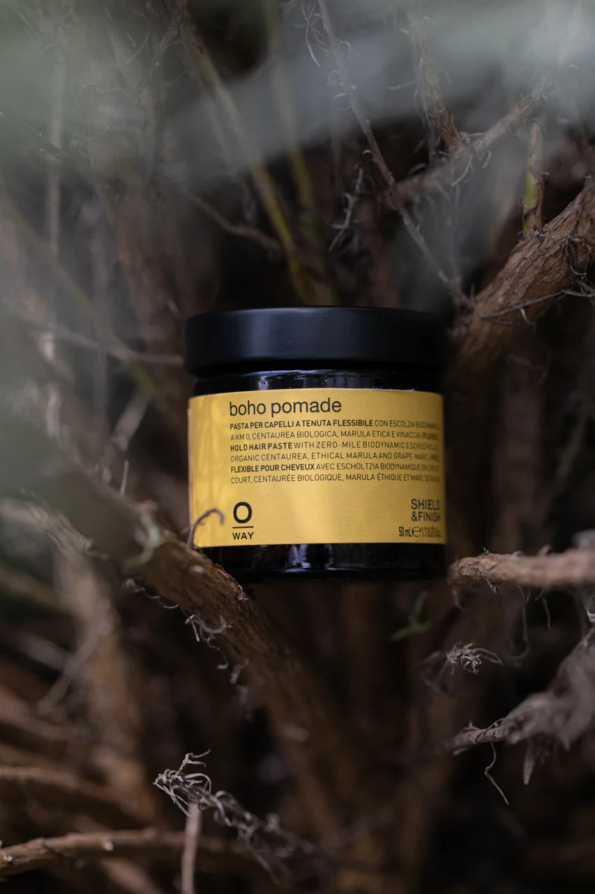 Oway Boho Pomade | Texturizing Cream Pomade for a laid-back, matte finish sits among branches and foliage, offering flexible hold and effortless styling.