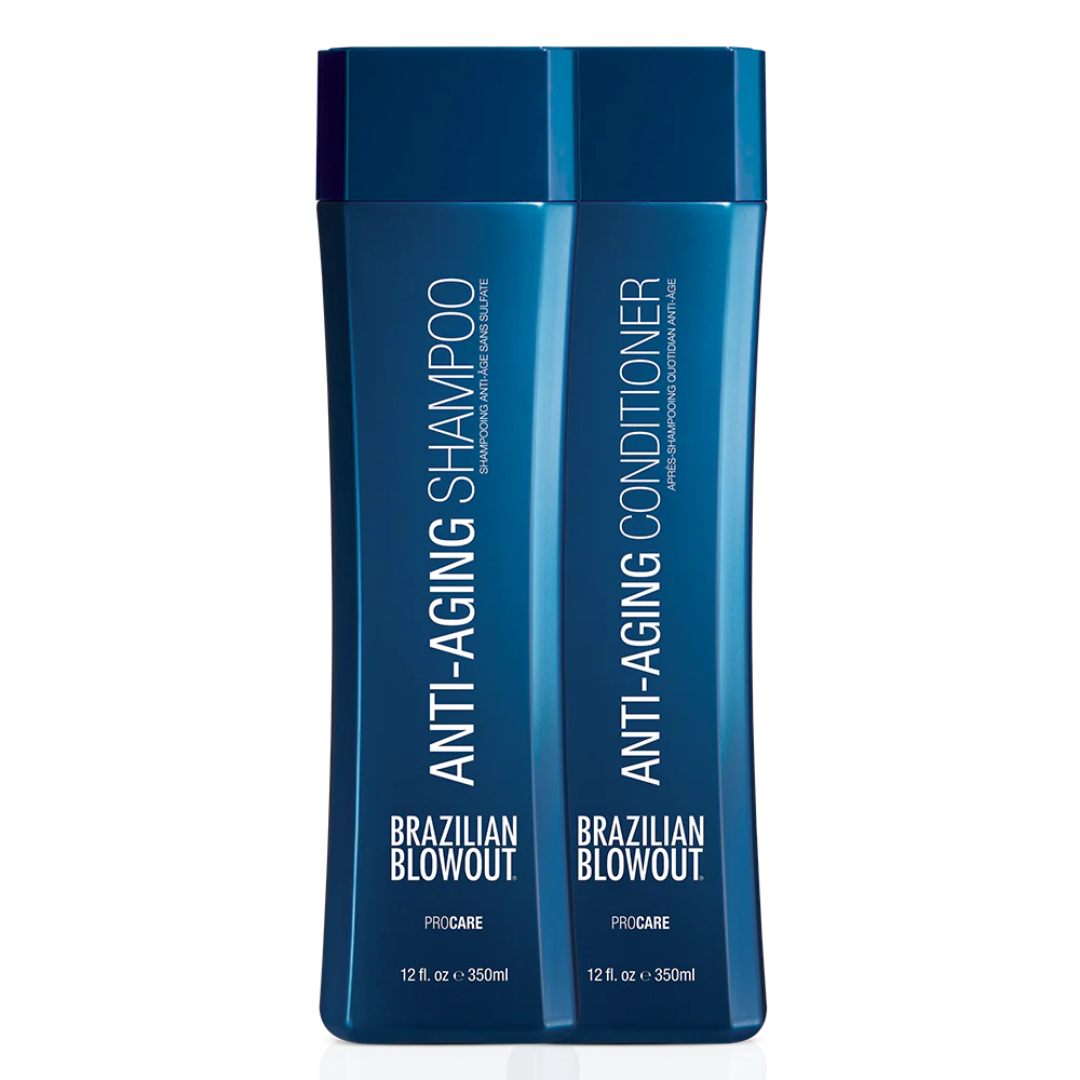 Two bottles of sulfate-free, anti-aging Brazilian Blowout Anti Aging Shampoo and Conditioner Duo by Brazilian Blowout.