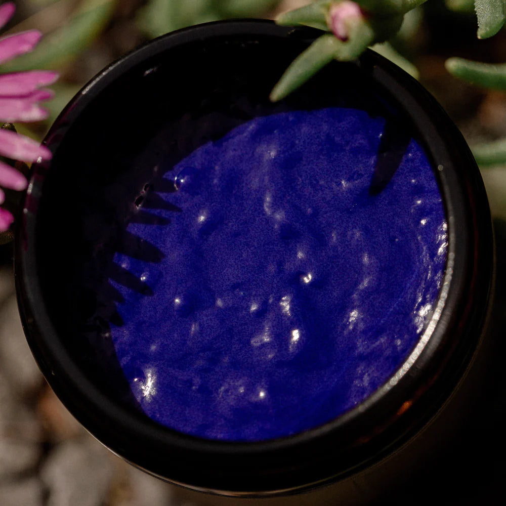 A close-up of Oway Bluemoon Hair Mask, a smooth, glossy, deep blue color-enhancing mask for cool blonde hair that neutralizes brassiness, in a jar surrounded by green leaves and a pink flower.