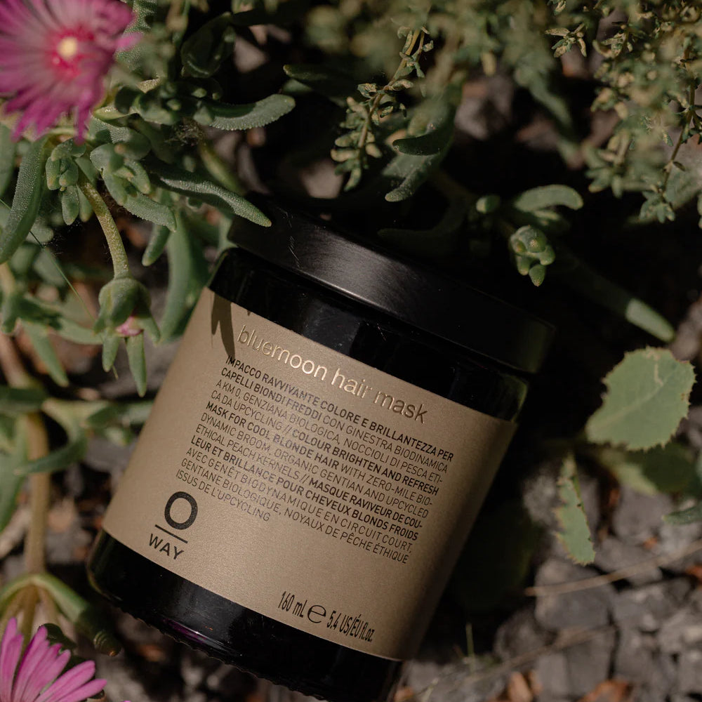 An Oway Bluemoon Hair Mask jar with a beige label rests on gravel by green plants and a purple flower, ready to restore softness and shine while neutralizing brass for cool blonde hair.