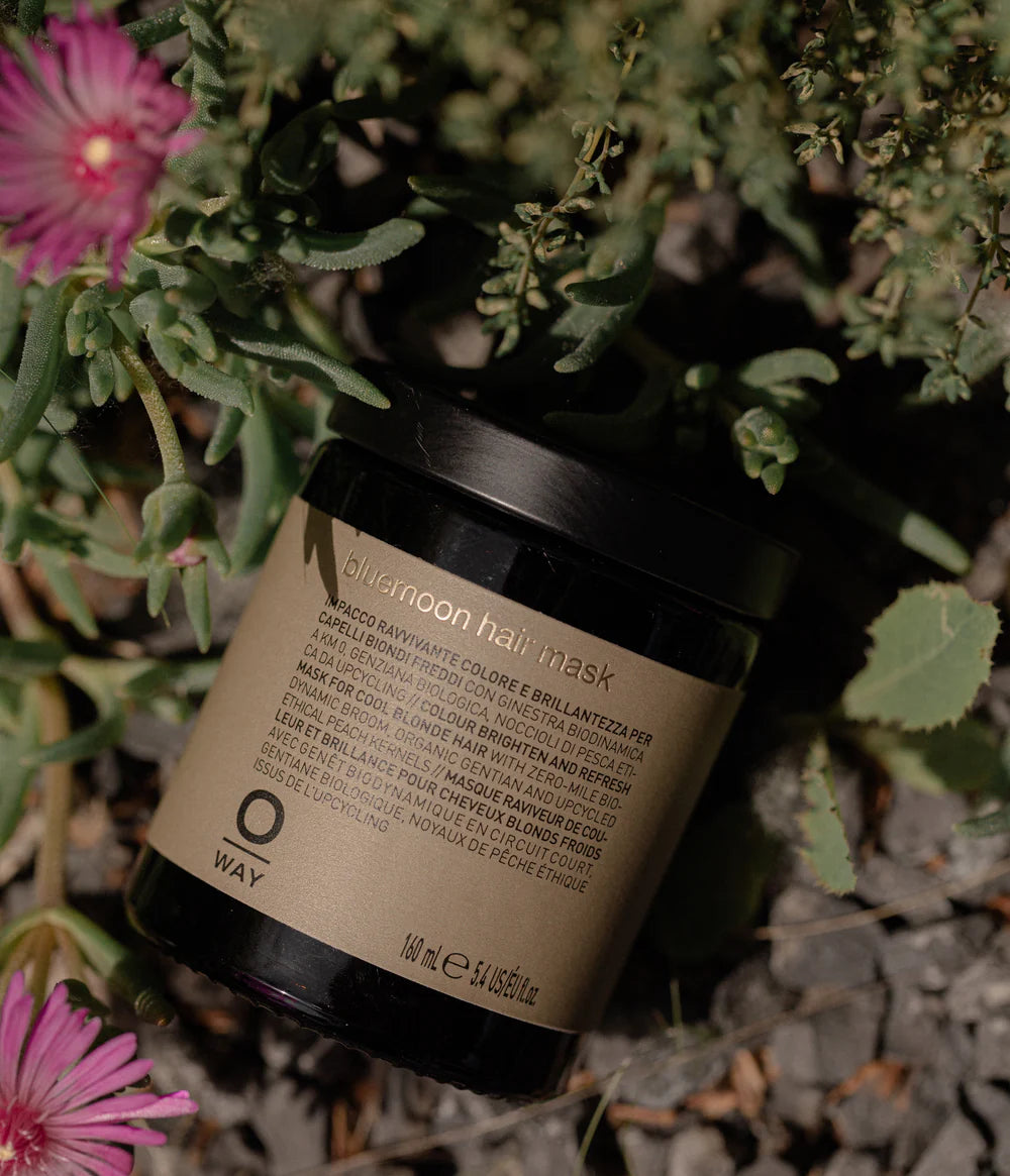 An Oway Bluemoon Hair Mask jar with a beige label rests on gravel by green plants and a purple flower, ready to restore softness and shine while neutralizing brass for cool blonde hair.
