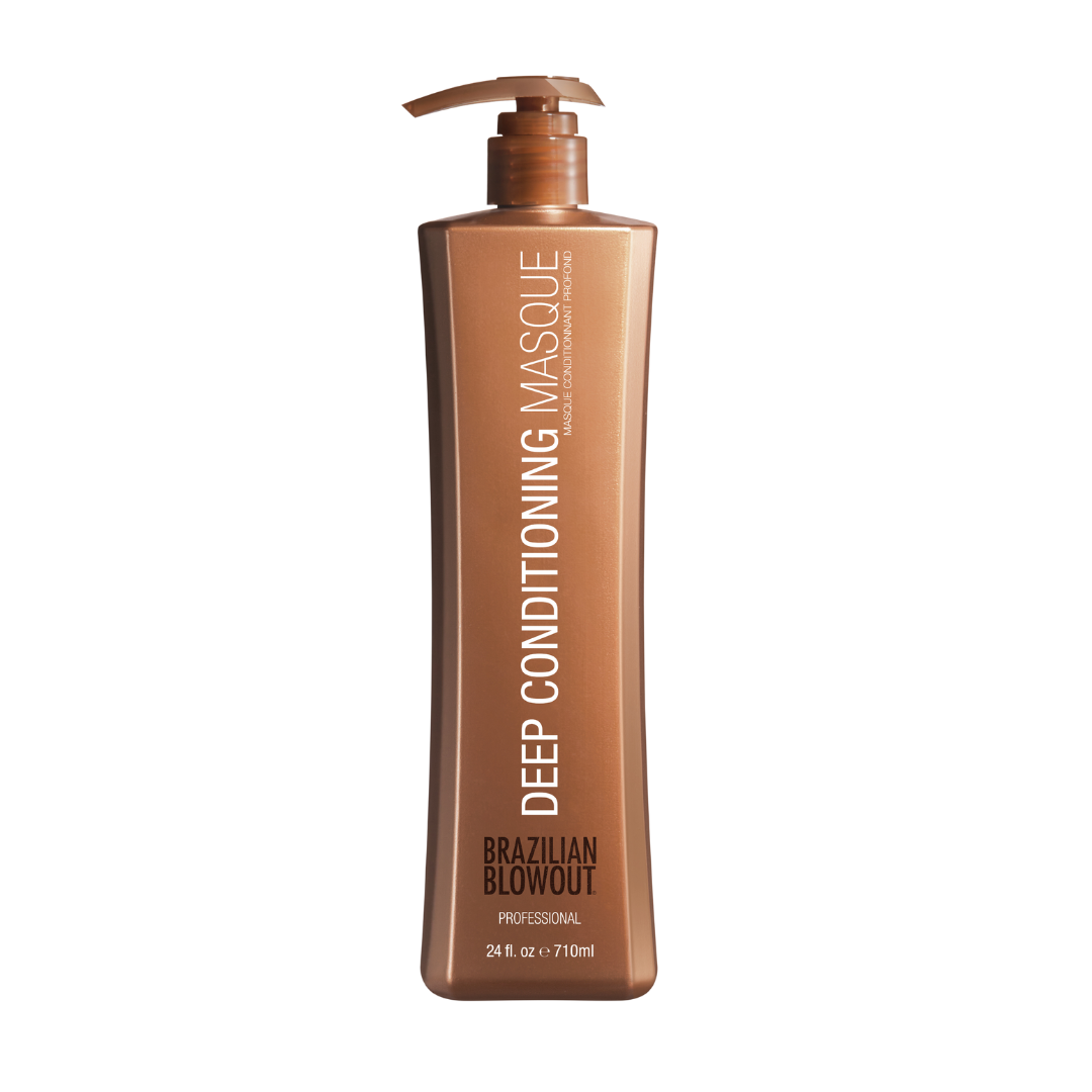 A bottle of Brazilian Blowout Deep Conditioning Masque on a black background.