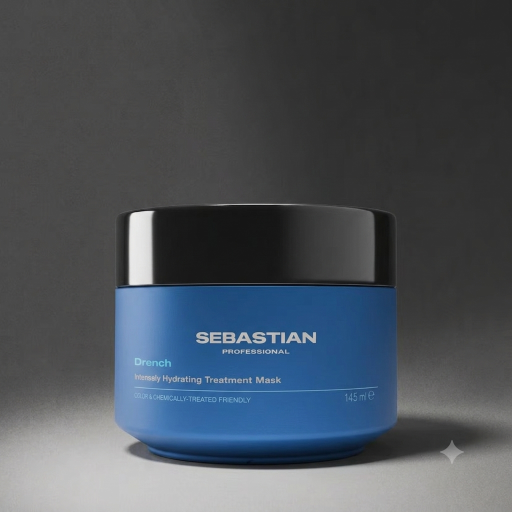 A blue and black jar of Sebastian Professional Drench Intensely Hydrating Treatment Mask on a dark gray background.