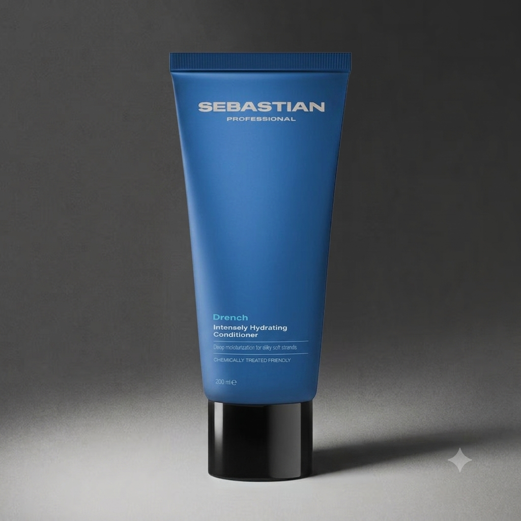 A blue squeeze tube of Sebastian Professional French Intensively Hydrating Conditioner with a black cap, set against a dark gray gradient background.