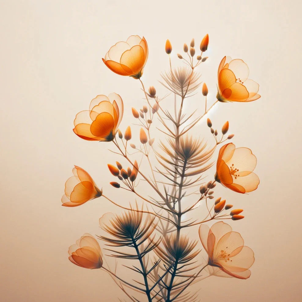 The Oway Volume and Texture Hair Puff features a delicate botanical design with orange and cream flowers, fine stems, and sparse foliage set against a soft, neutral background. Volumizing styling powder for instant lift by Oway.