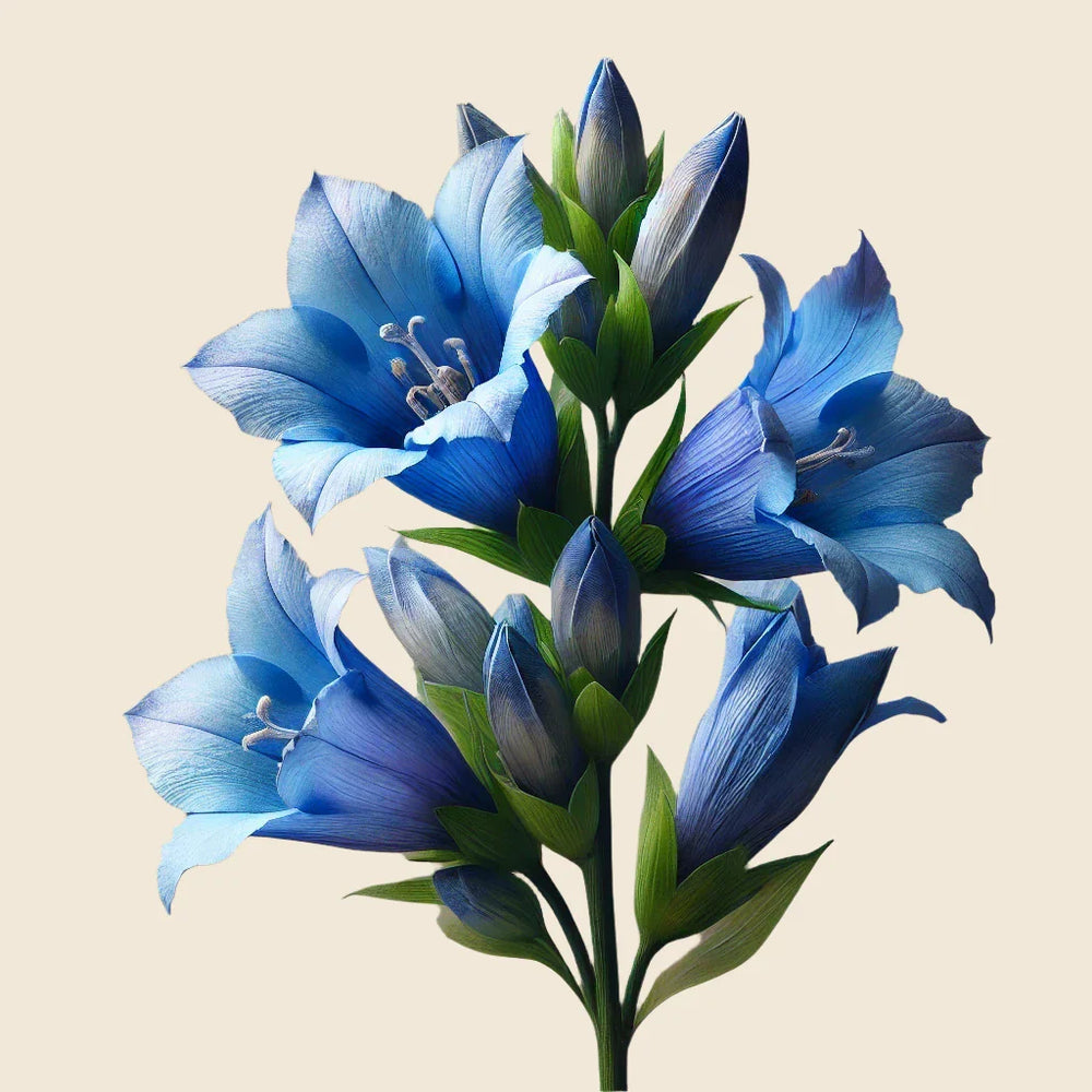 A cluster of blue bell-shaped flowers with green stems and leaves against a beige background, evoking the tones in Oway Bluemoon Hair Bath—an anti-yellow shampoo for cool blonde, white, and grey hair.