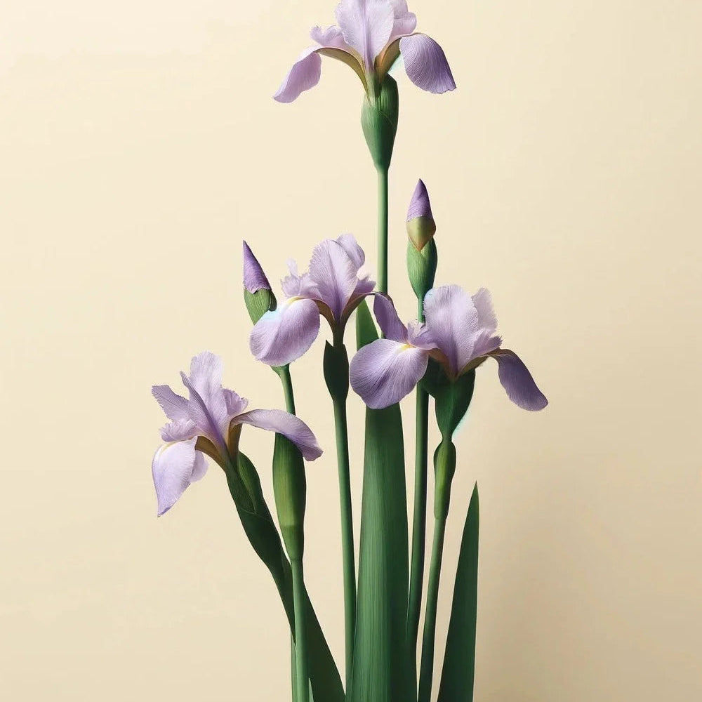 Purple iris flowers and green stems on a beige background evoke the soothing effect of Oway Rebuilding Hair Mask, a restorative mask by Oway for damaged or chemically treated hair that provides instant repair.