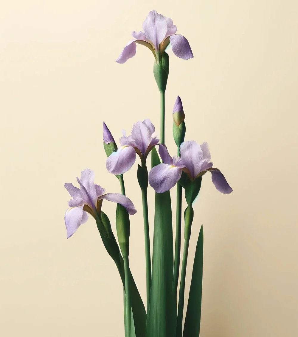 Purple iris flowers and green stems on a beige background evoke the soothing effect of Oway Rebuilding Hair Mask, a restorative mask by Oway for damaged or chemically treated hair that provides instant repair.